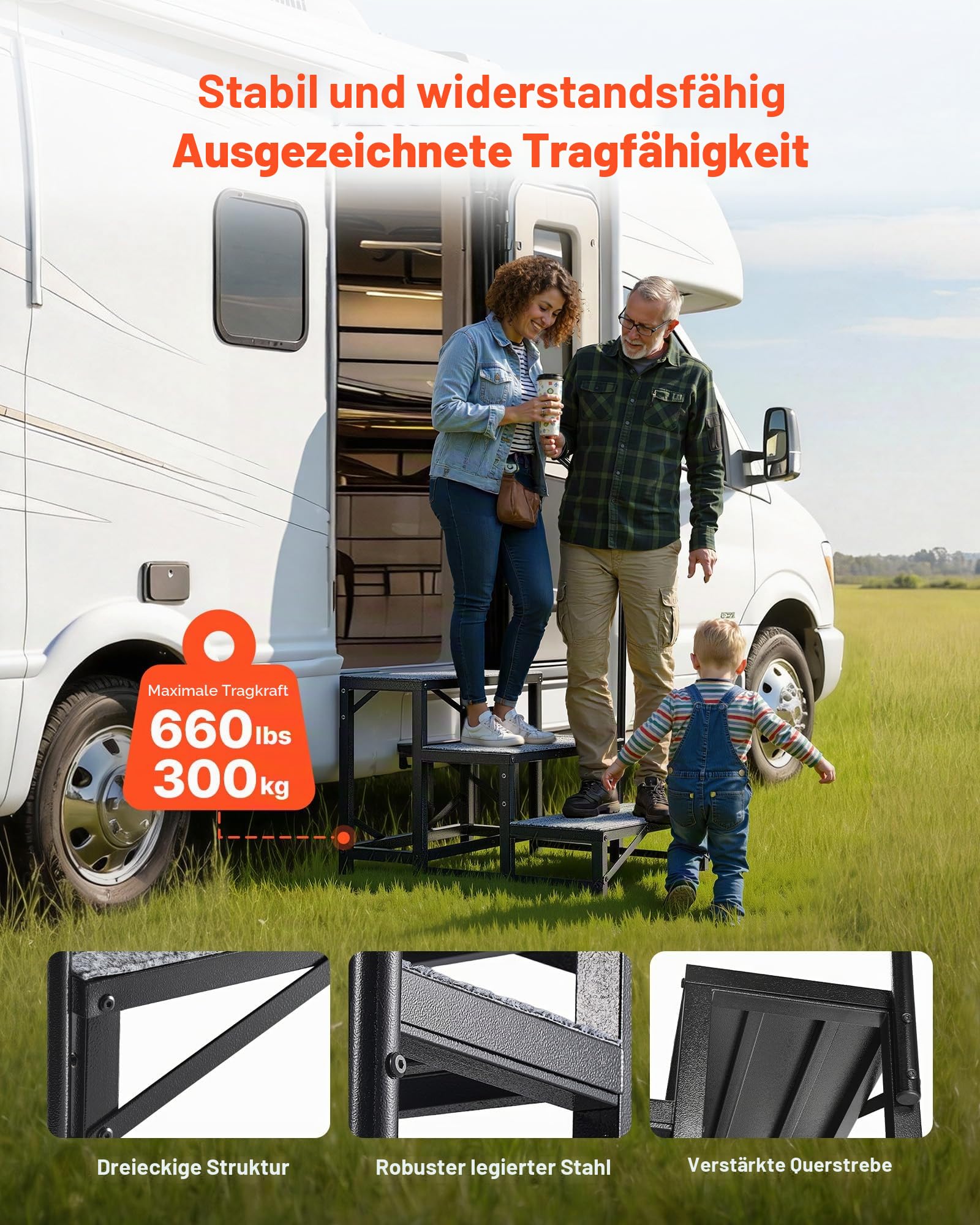 VEVOR RV Treppe mit Handlauf, 3-stufige Tragbare Standtreppe mit 299,38 kg Tragkraft rutschfeste Trittstufe für Camper Mobilheime Pool und Spa Robuste Außentreppe Ideal für Senioren und Haustiere