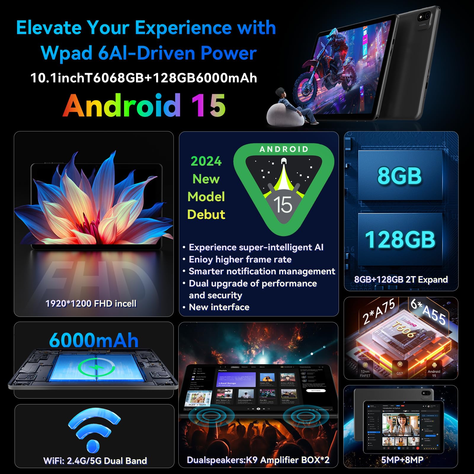 Headwolf Android 15 Tablet 10 Inch, WPad6 Octa-Core FHD 1920x1200