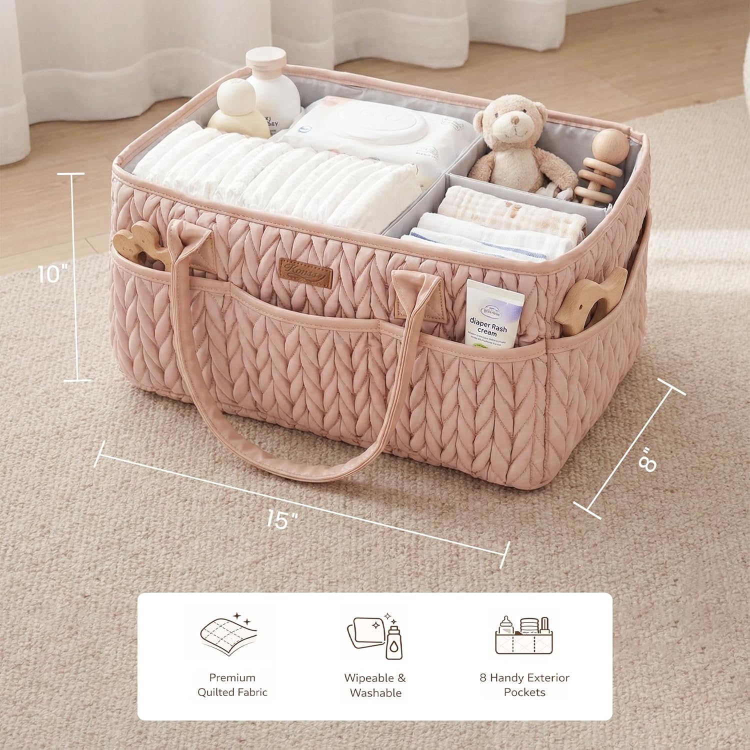 Konssy Braided Quilted Diaper Caddy Organizer, Boho Nursery Storage Basket with PU Leather Handles, Water-Repellent Portable Diaper Basket for Changing Table, Newborn Essentials (Blush)