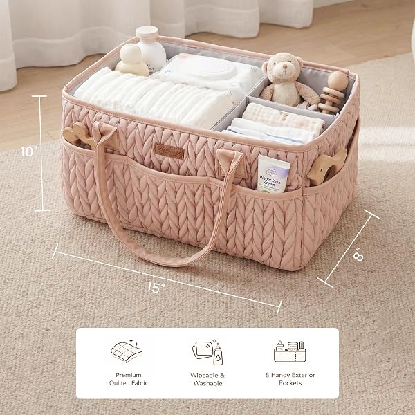 Konssy Braided Quilted Diaper Caddy Organizer, Boho Nursery Storage Basket with PU Leather Handles, Water-Repellent Portable Diaper Basket for Changing Table, Newborn Essentials (Blush) - 5