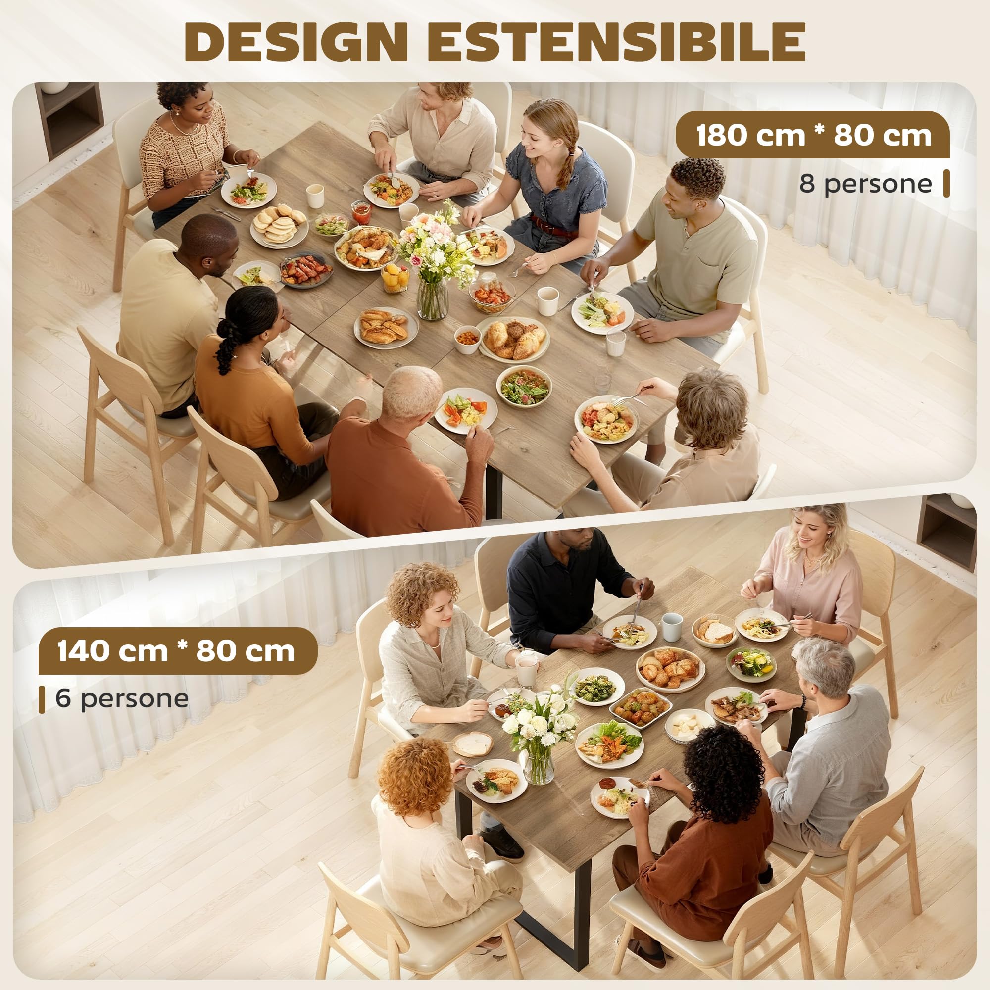 HOMCOM Tavolo da Pranzo Allungabile per 6-8 Persone con Pannelli Rimovibili, 140-180cm Tavolo Allungabile Rettangolare con Base in Acciaio, Stile Industriale, per Sala da Pranzo Soggiorno, Color Legno