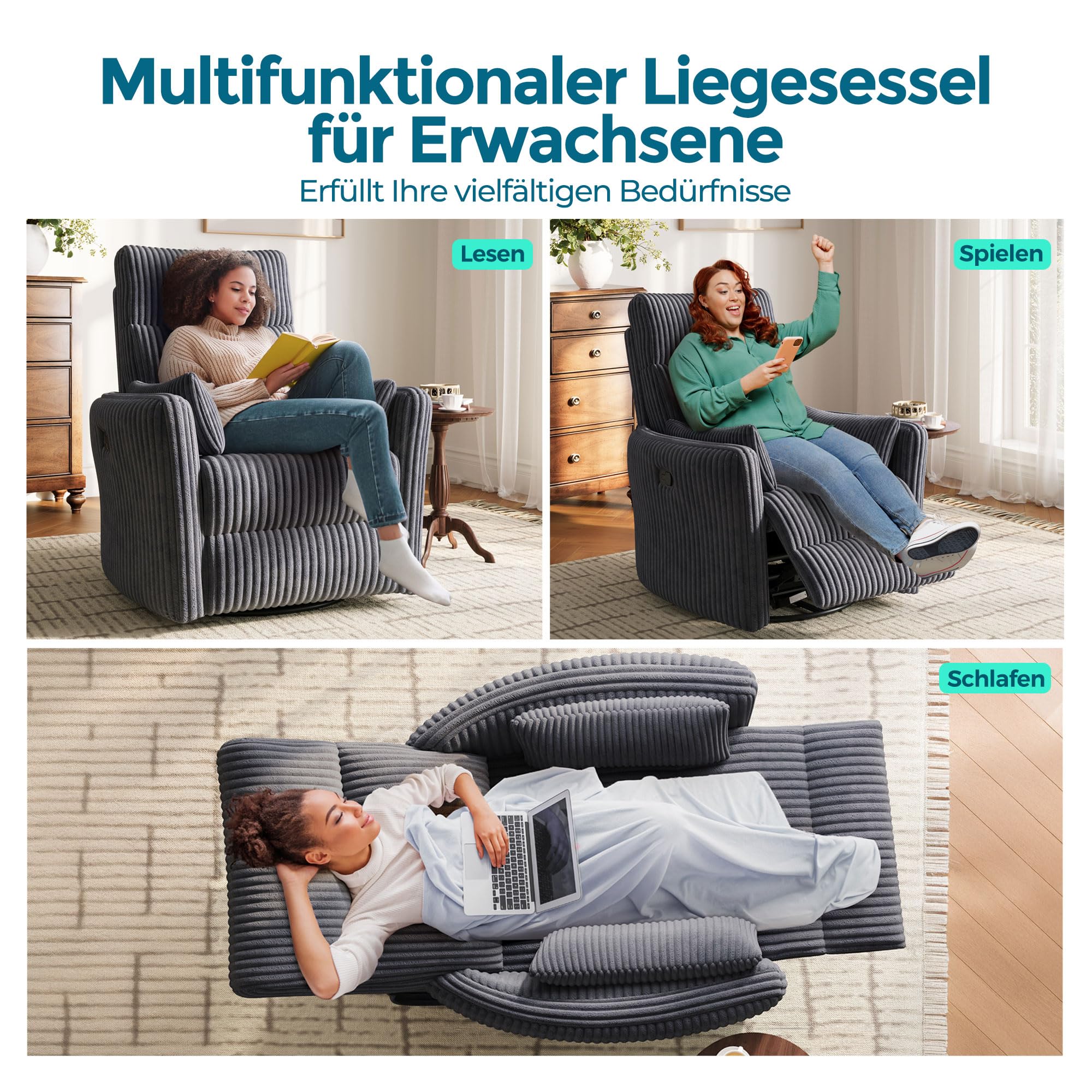 LINSY HOME 360 Swivel Nursery Relaxsessel, Corduroy TV Sessel mit 2 Kissen, Komfortabler High Back Sessel mit Liegefunktion für Kleine Räume, Kinderzimmer, Schlafzimmer, Wohnzimmer, Grau