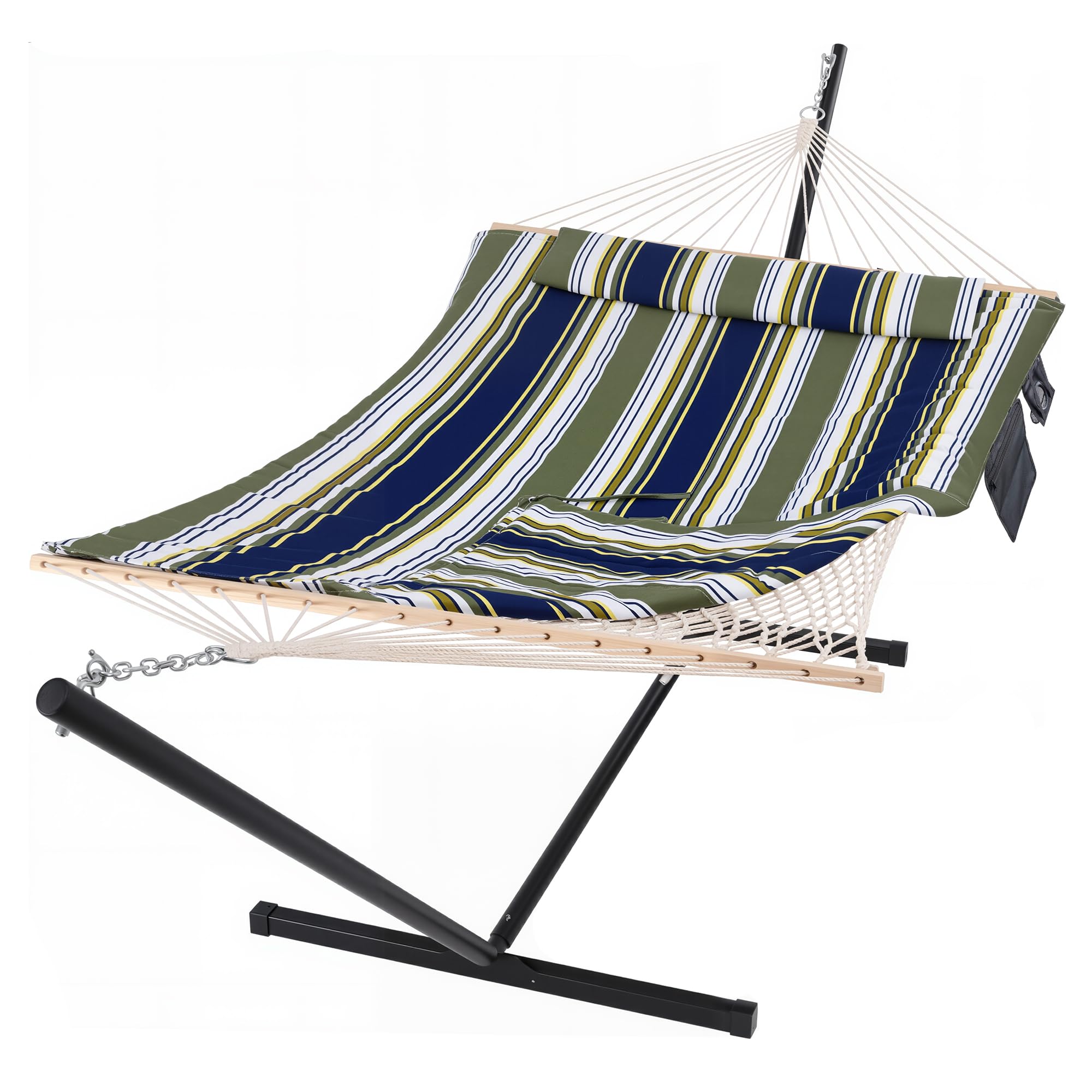 SUNCREAT Hammocks Double Outdoor Hammock with Stand Cotton Rope Two Person Hammock with Polyester Pad Large Pillow Blue