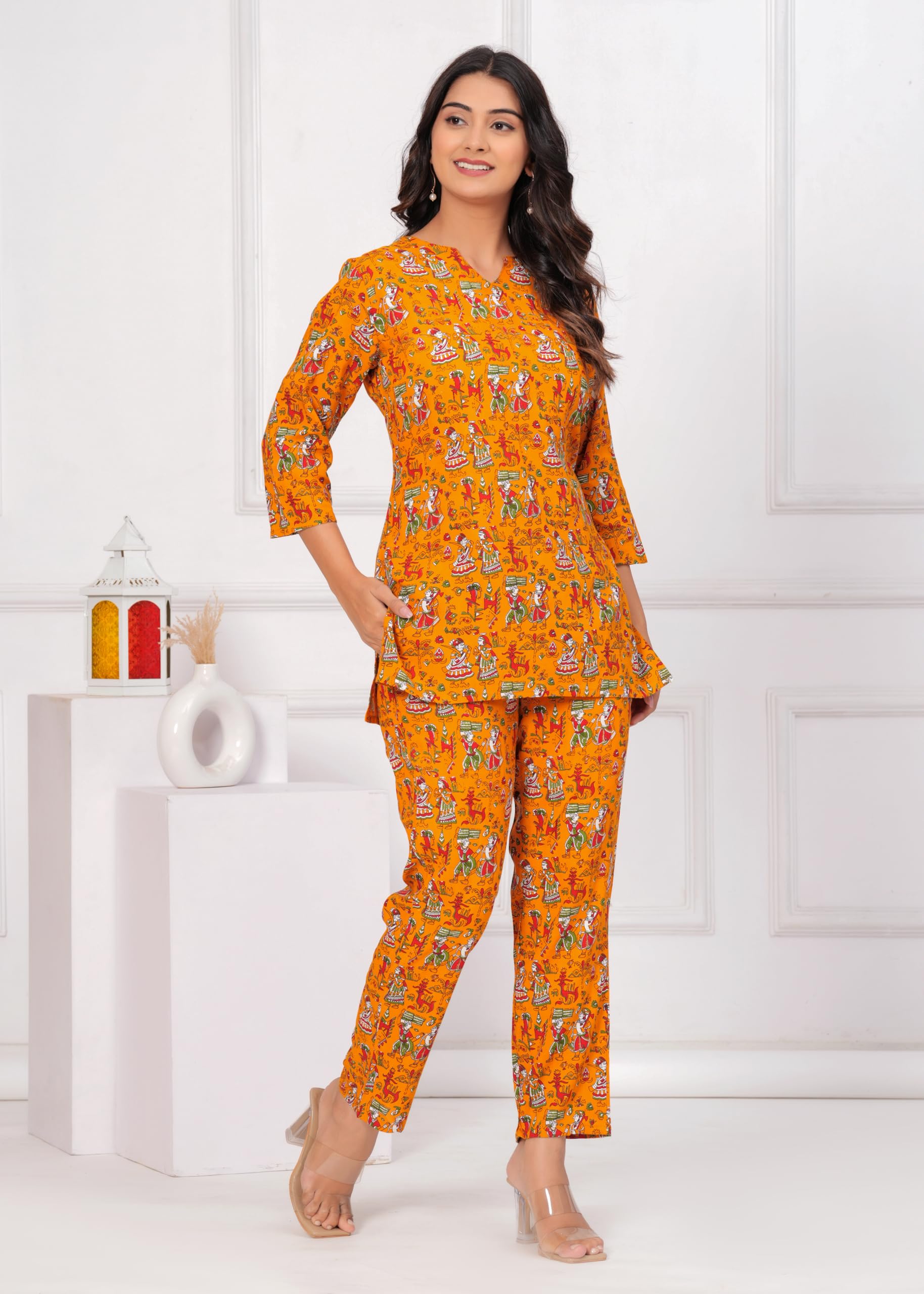 Jikonet Women Cotton Printed Co-Ord Set Kurta Set With Pant Set (Yellow, Xx-Large)