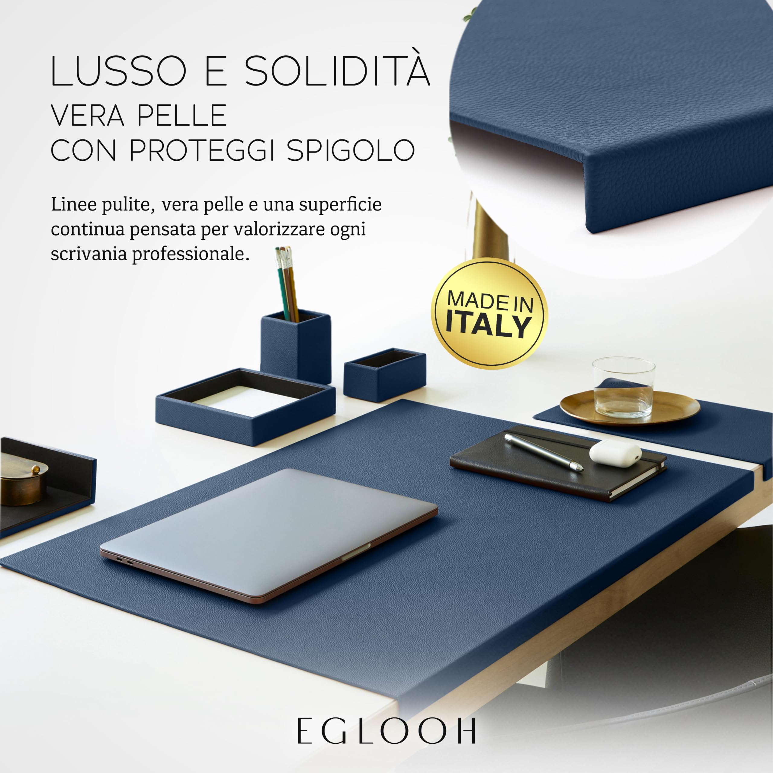 Eglooh – Adamantis – Sottomano Scrivania Pelle Vera con Proteggi Spigolo – Tappetino Scrivania XXL Elegante e Antiscivolo – Accessori Scrivania Ufficio Made in Italy
