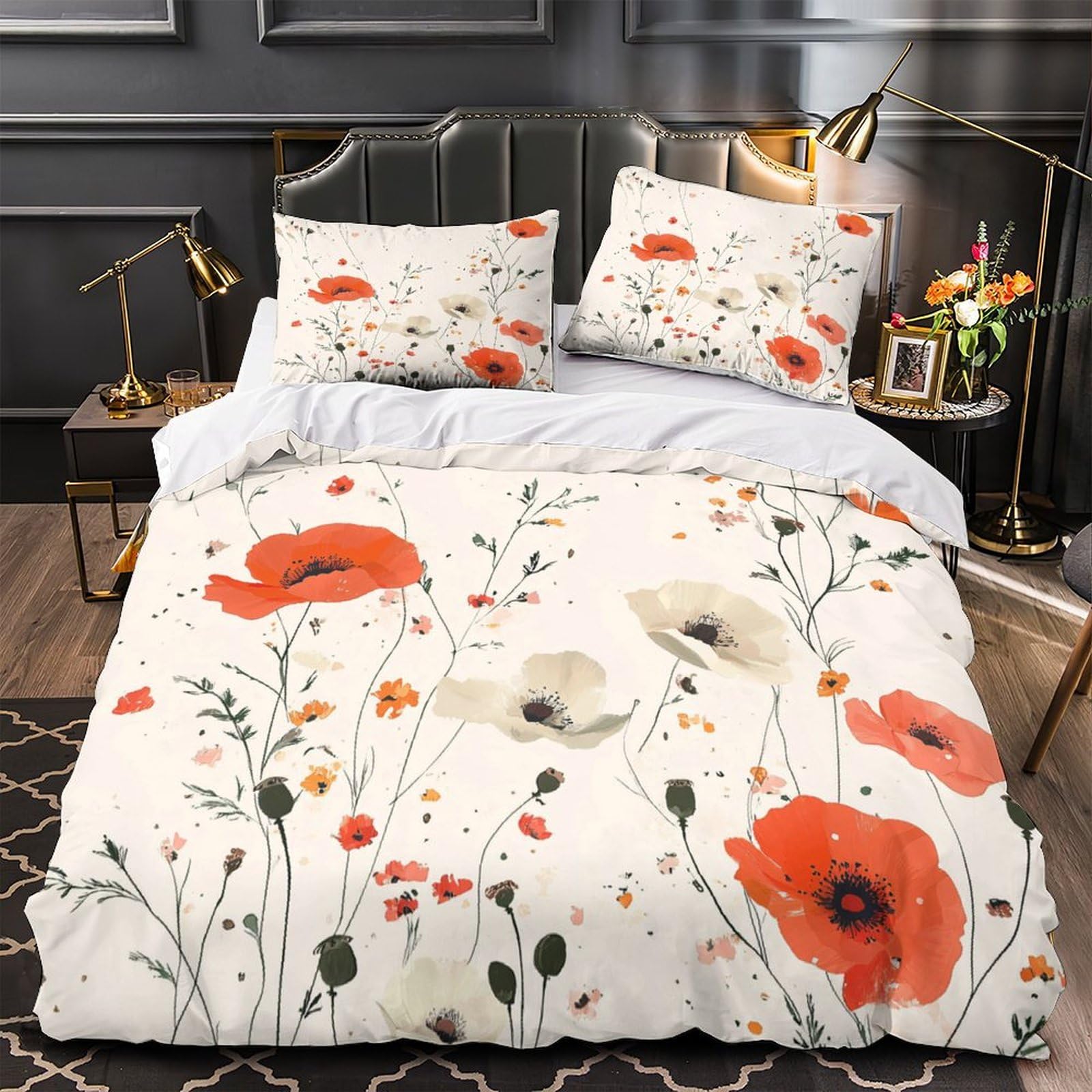 MMDASBVPE PoppyFlowers Comforter Cover 3D Print Machine Washable 3PCs Bed Linen Hidden Zipper BotanicalArtStyle Quilt Cover Extra Soft Durable for Teens Youth Adults Women Kids Boys Single（135x200cm）