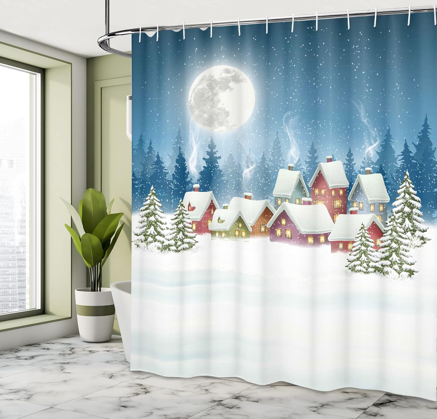 Ambesonne Christmas Shower Curtain, Xmas Landscape Snowy Colorful Village with Pine Trees Full Moon Starry Sky, Cloth Fabric Bathroom Decor Set with Hooks, 69" W x 70" L, Multicolor