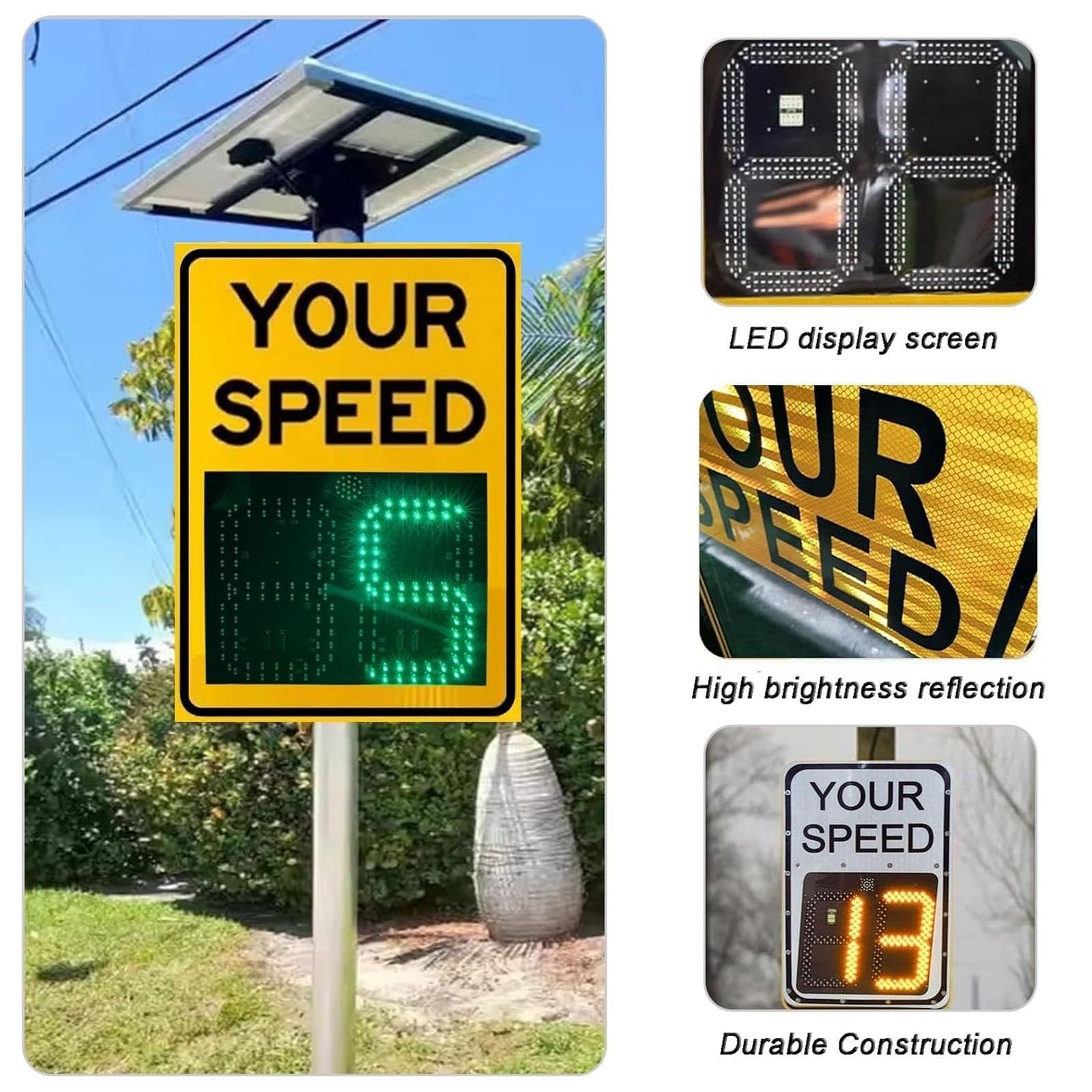 Señal de radar de velocidad solar con pantalla led, tablero de advertencia de tráfico de atenuación automática para autopistas y escuelas, dispositivo de retroalimentación alimentado por energía solar