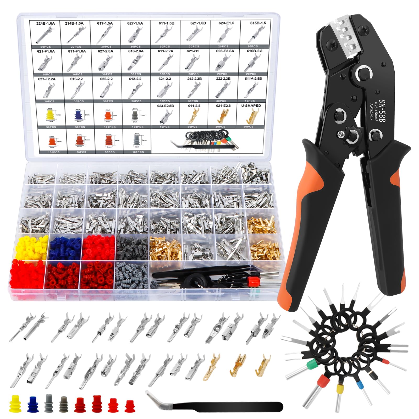 1379Pcs Connector Pins Terminal with Crimping Tools Kit, 28 Types Car Electrical Wire Connector Pins 1/1.5/1.8/2.2/2.3/2.8/3.5mm Male&Female Electrical Connector 18Pin Needle Extractor for Auto Repair