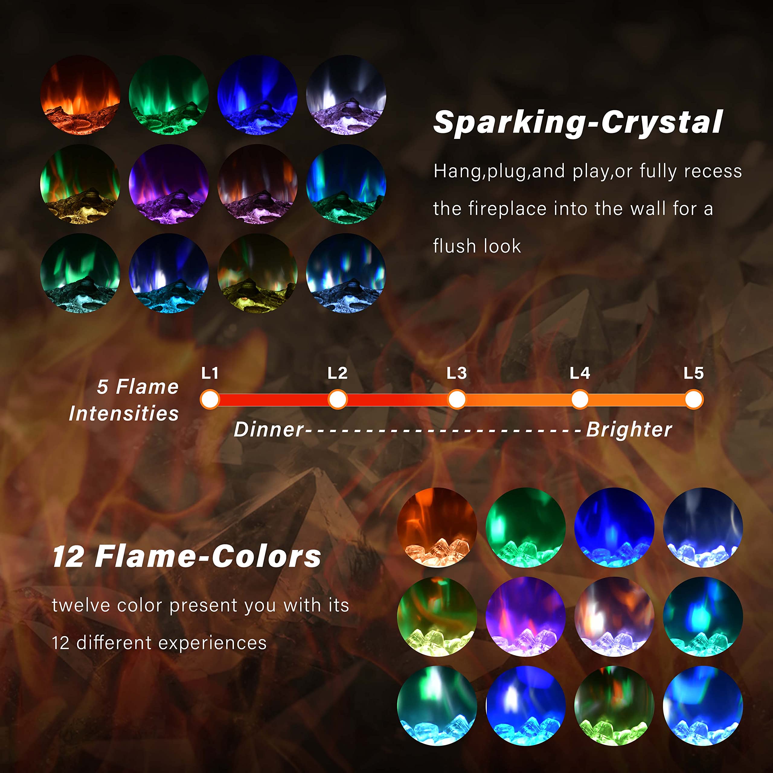 40 Inch Electric Fireplace Insert, Wall-Mounted, Remote Control, Linear Design, 750/1500W.