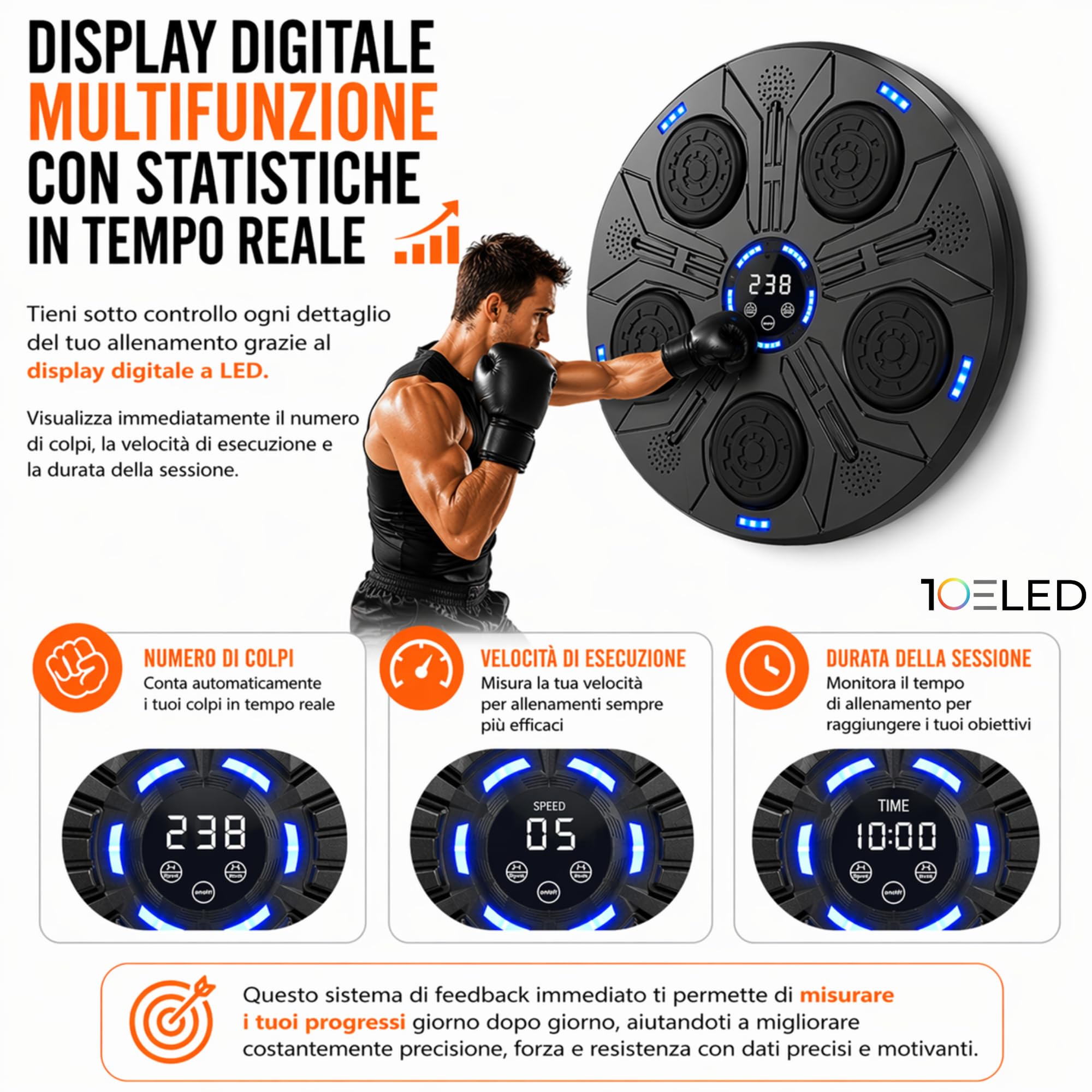 Music Boxing Machine Interattiva con LED a Parete e Bluetooth - Display Digitale - 5 Pad Reattivi - Guantoni INCLUSI - Beat Punch Allenamento Casa per Riflessi, Velocità e Coordinazione