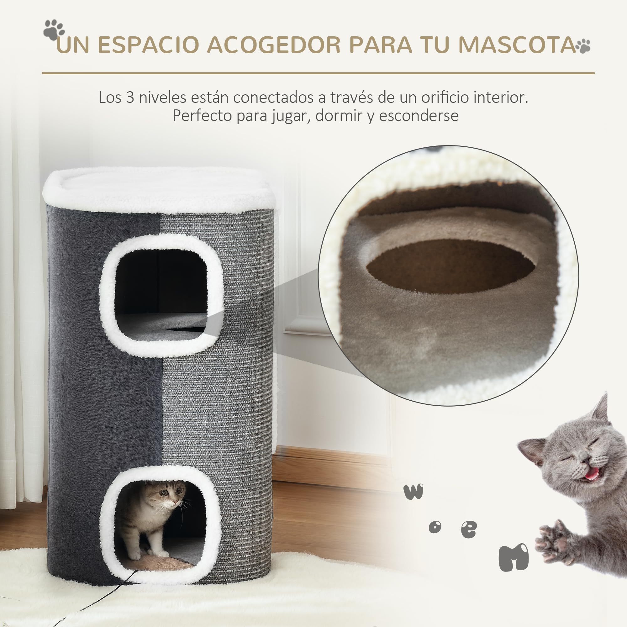 PawHut Barril Rascador para Gatos 74 cm de Altura Tonel de Escalada con 3 Cuevas de Sisal y Felpa Plataforma de Lana 40x40x74 cm Gris | de Sisal, Felpa Suave, Plataforma de Vellón