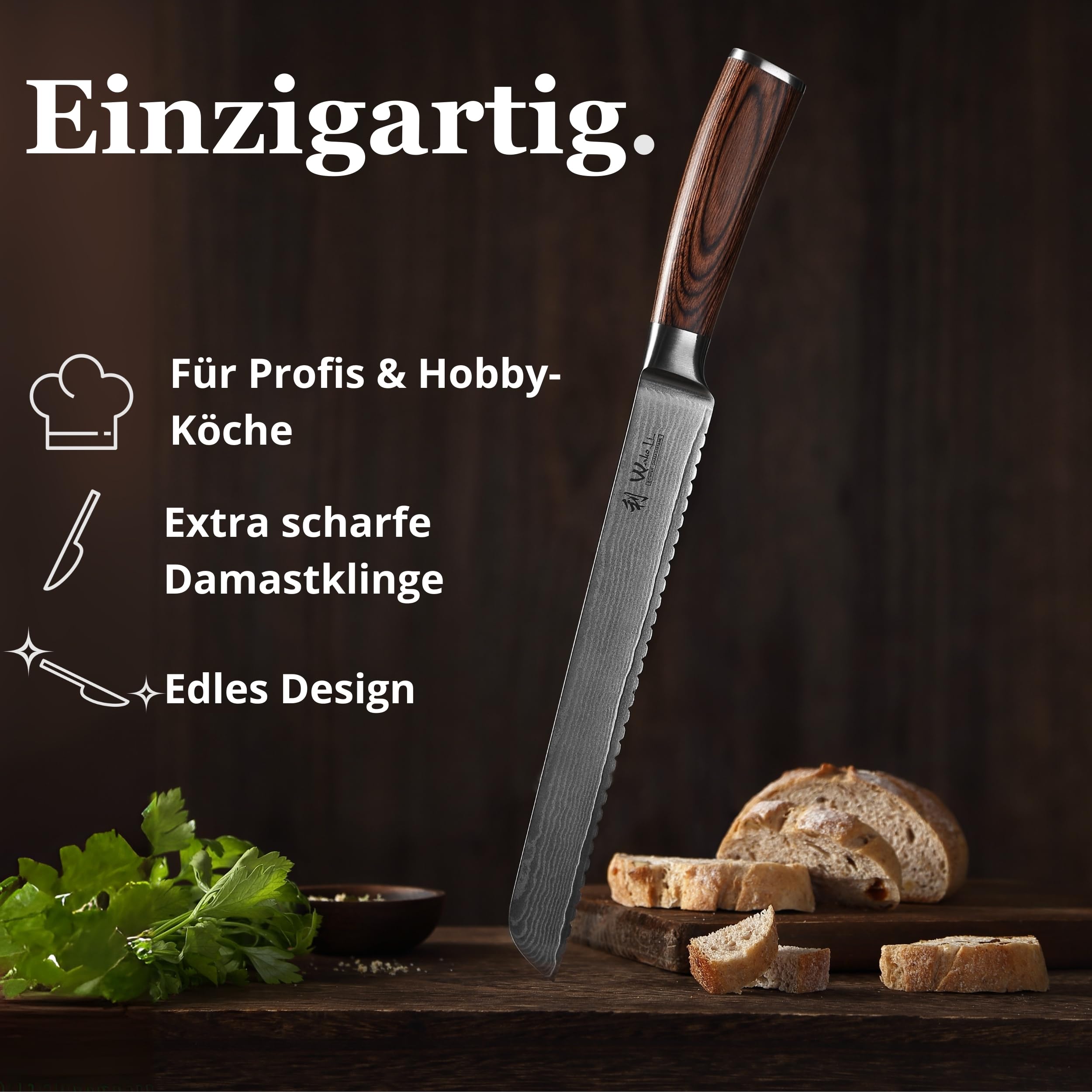 Wakoli EDIB Brotmesser, 23 cm Klinge aus Damaststahl mit VG10 Kern | Einseitiger Wellenschliff für große Brotlaibe, Baguette und Krusten; 67 Lagen, 60 ± 2 HRC, Pakkaholzgriff, Geschenkbox