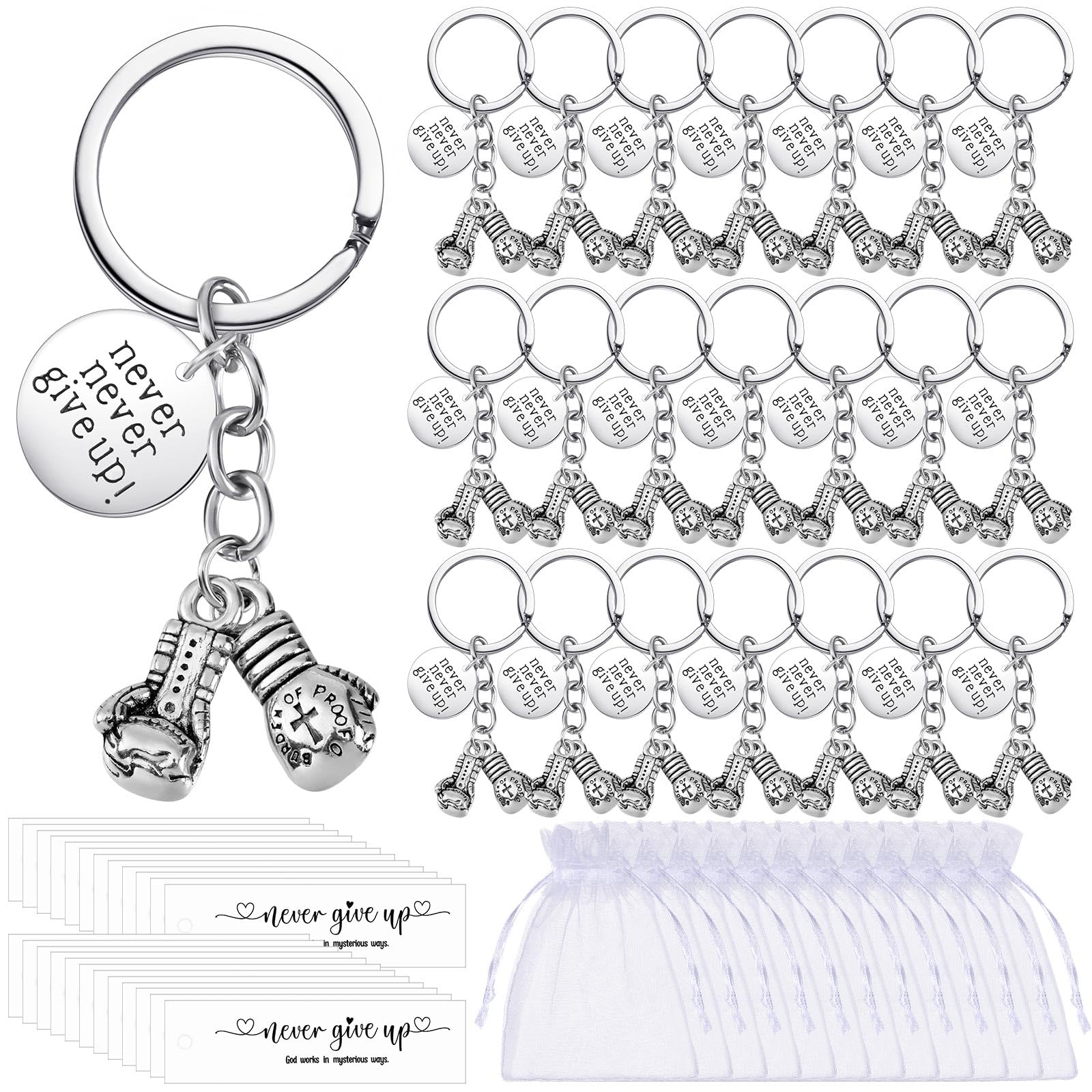 24 Pack Never Give up Keychains Inspirational Gift for Women Men Charm Keyring with Thank You Tag and Organza Bag