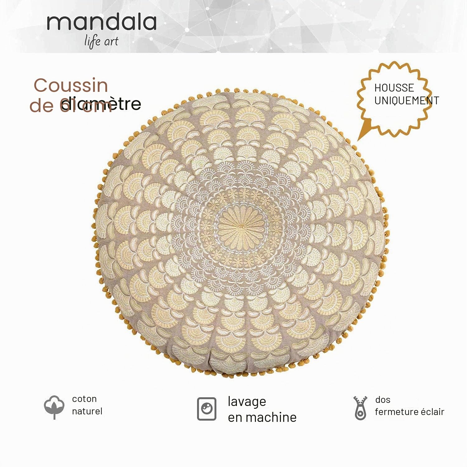 Mandala Life ART Bohémien Décor Coussin de Méditation - Rembourrage Non Inclus 60cm Ronde Coton - Pouf Zafu Yoga Décoratif Fait Main - Broderie Beige