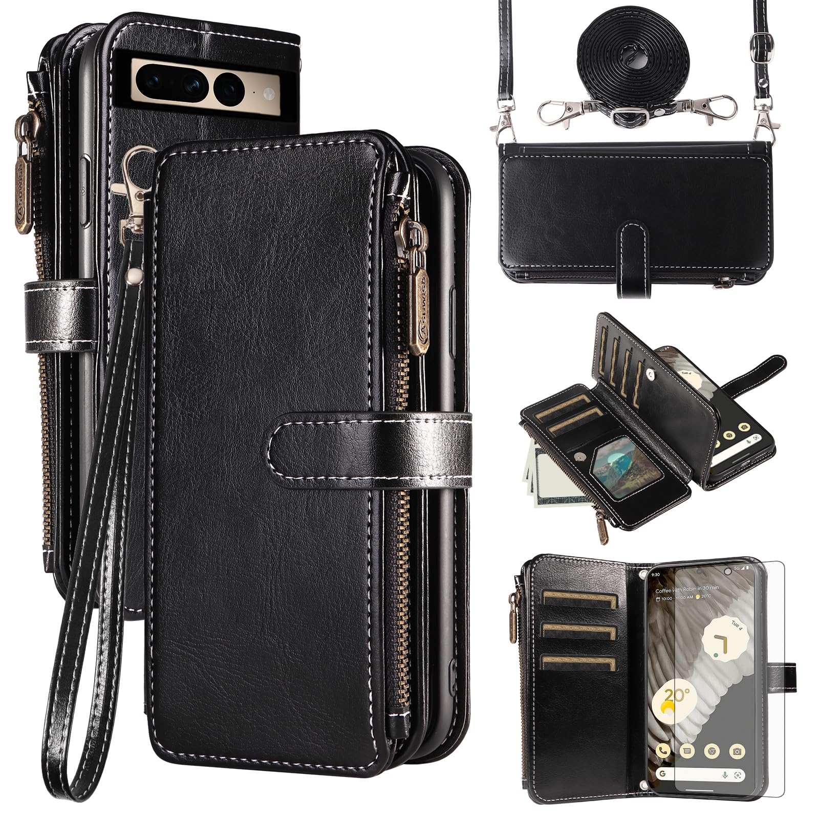 Asuwish Handyhülle für Google Pixel 7 Pro Hülle mit Band Folie Schutzfolie Kartenfach Klappbar Leder Geldbörse Ständer Pixel7Pro 7Pro 5G Sieben Handy Hüllen Schutzhülle Handyhüllen Phone Case Schwarz