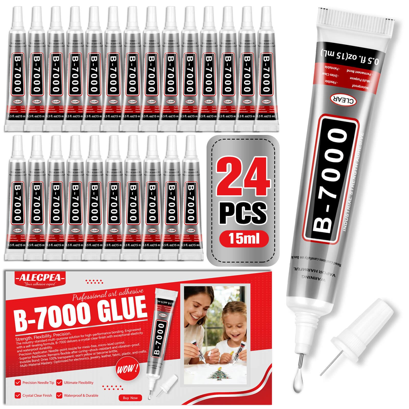 B-7000 Craft Glue for Jewelry Making - 15ml/0.5oz (24 Pack) - Multi-Function B-7000 Super Adhesive Glues Liquid Fusion Glue for Rhinestones Crafts, Clothes Shoes, Fabric, Jewelry Making, Cell Phones