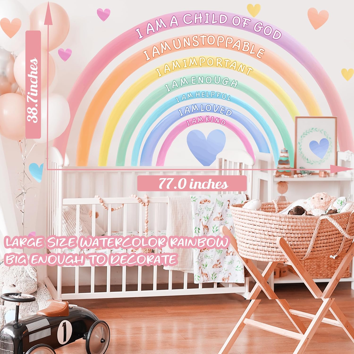 Large Rainbow Wall Decals Peel and Stick Pastel Kids Nursery Wall Decor Stickers Boho Inspirational Wall Decals for Girls Bedroom Rainbow Art Murals for Baby Room Playroom Toddler Home Decoration