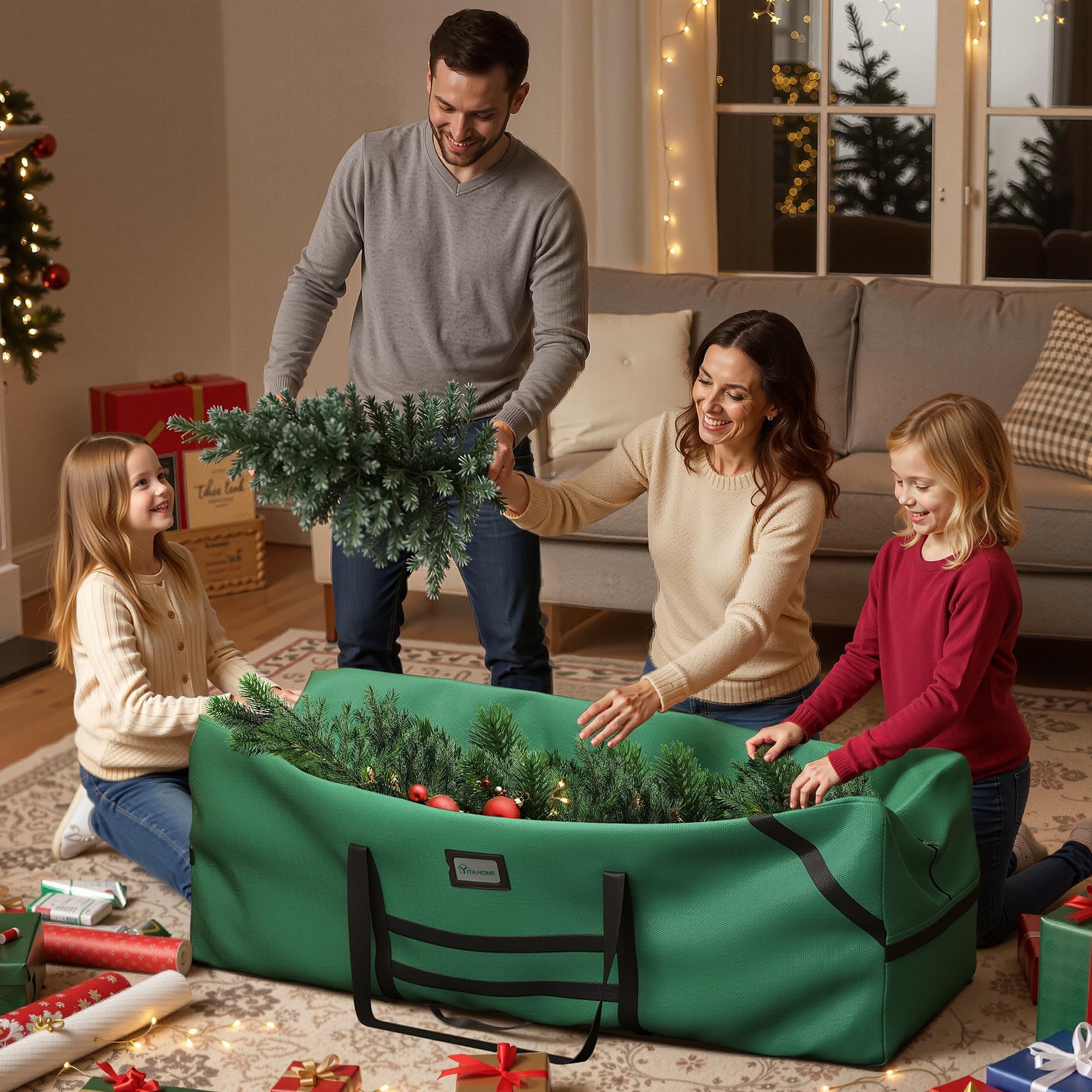 YITAHOME Borsa portaoggetti per albero di Natale, adatta per alberi di Natale artificiali, altezza fino a 7,5 ft, resistente, impermeabile con manici robusti e cerniera, verde