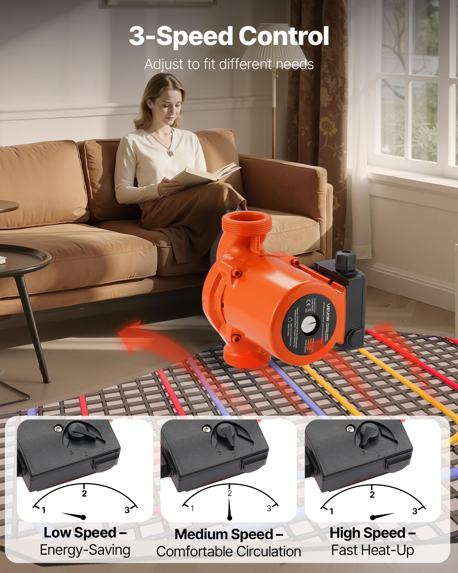 VEVOR LPS32-8S/180 Bomba de Circulación, 110 LPM, Ajuste de 3 Velocidades, Bomba de Recirculación de Agua Caliente de Hierro Fundido, Conexión Roscada, para Sistemas de Calefacción Residenciales
