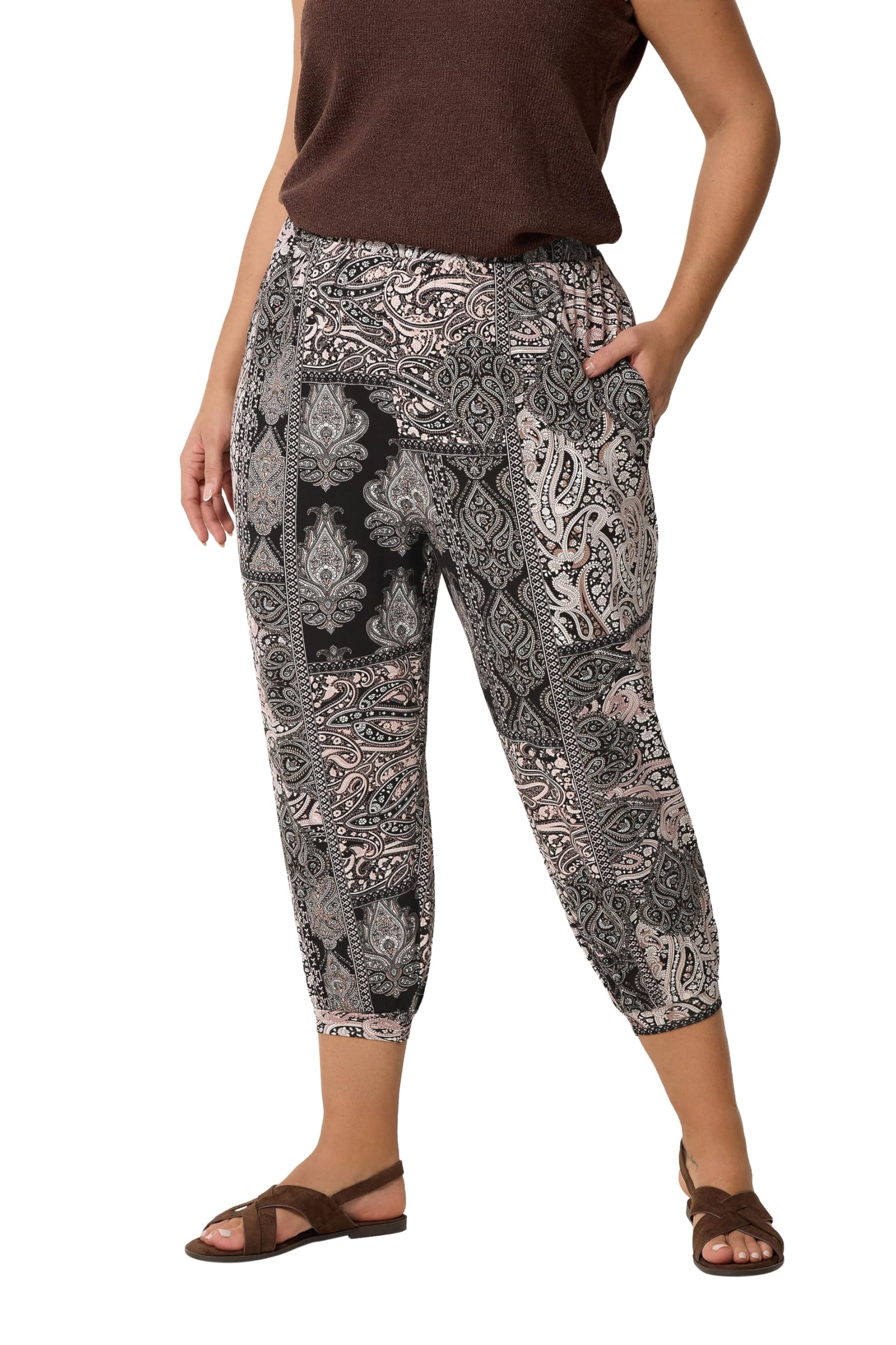 Yours Women's Black Curve Paisley Cropped Trousers - Plus Size Curve