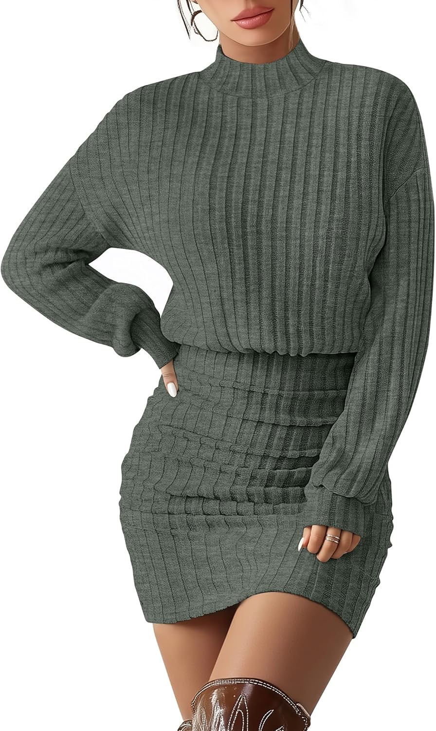 Women's Pullover Sweater Dress Long Lantern Sleeve Ribbed Knit Mock Neck Ruched Bodycon Casual Mini Dress 2025