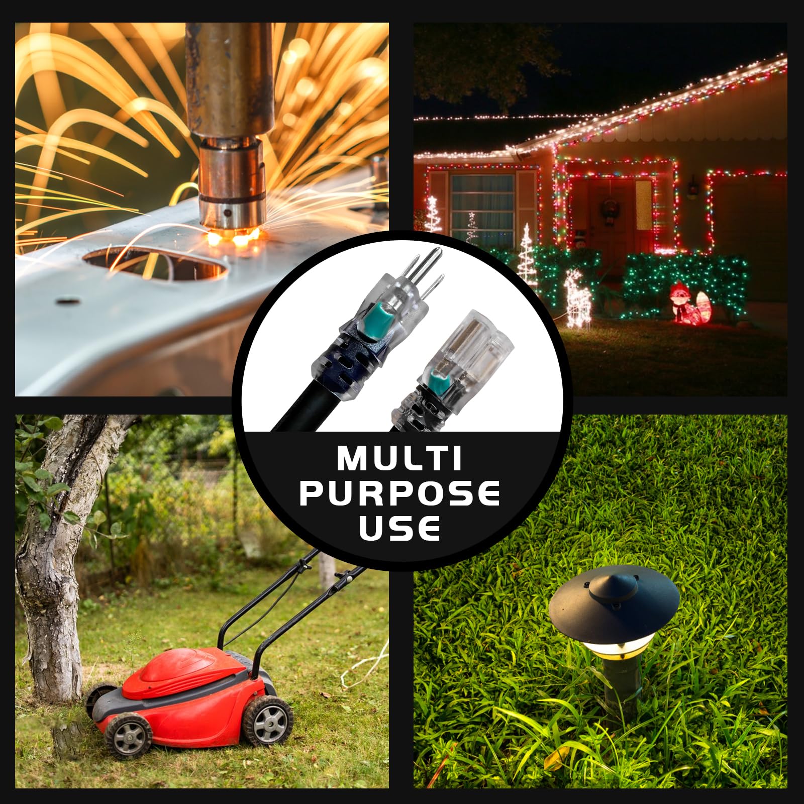 Cable de extensión para exteriores con iluminación de Navidad de 12 pies, 16/3 – Cable de extensión SJTW de calibre 16 de 3 puntas con enchufe de tierra de 3 puntas para mayor seguridad,