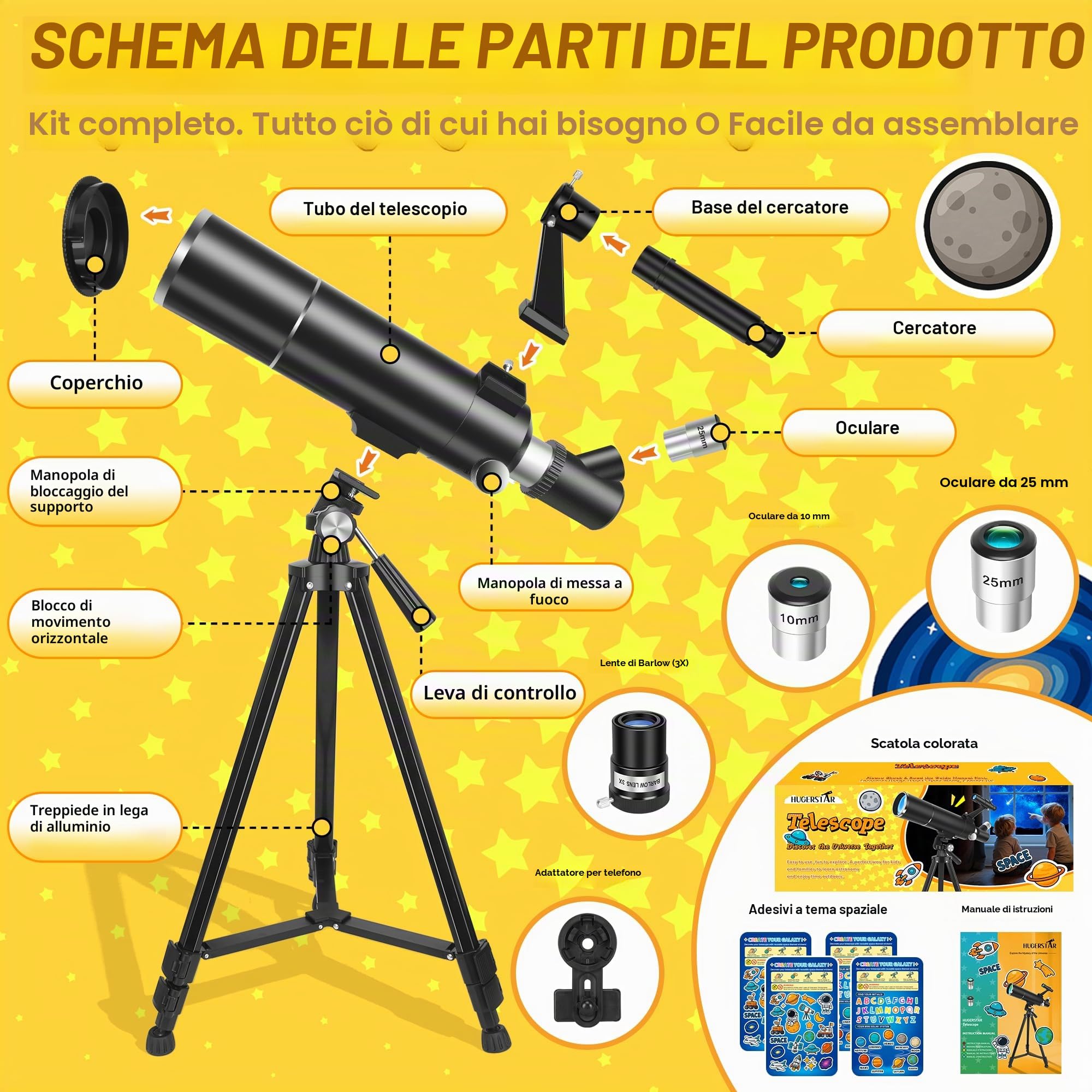 Telescopio Astronomico Professionale per Adulti e Bambini, 80/500mm Rifrattore Portatile Telescopio per Principianti con Treppiede, Adattatore Smartphone – Ideale per Osservare Luna Natura