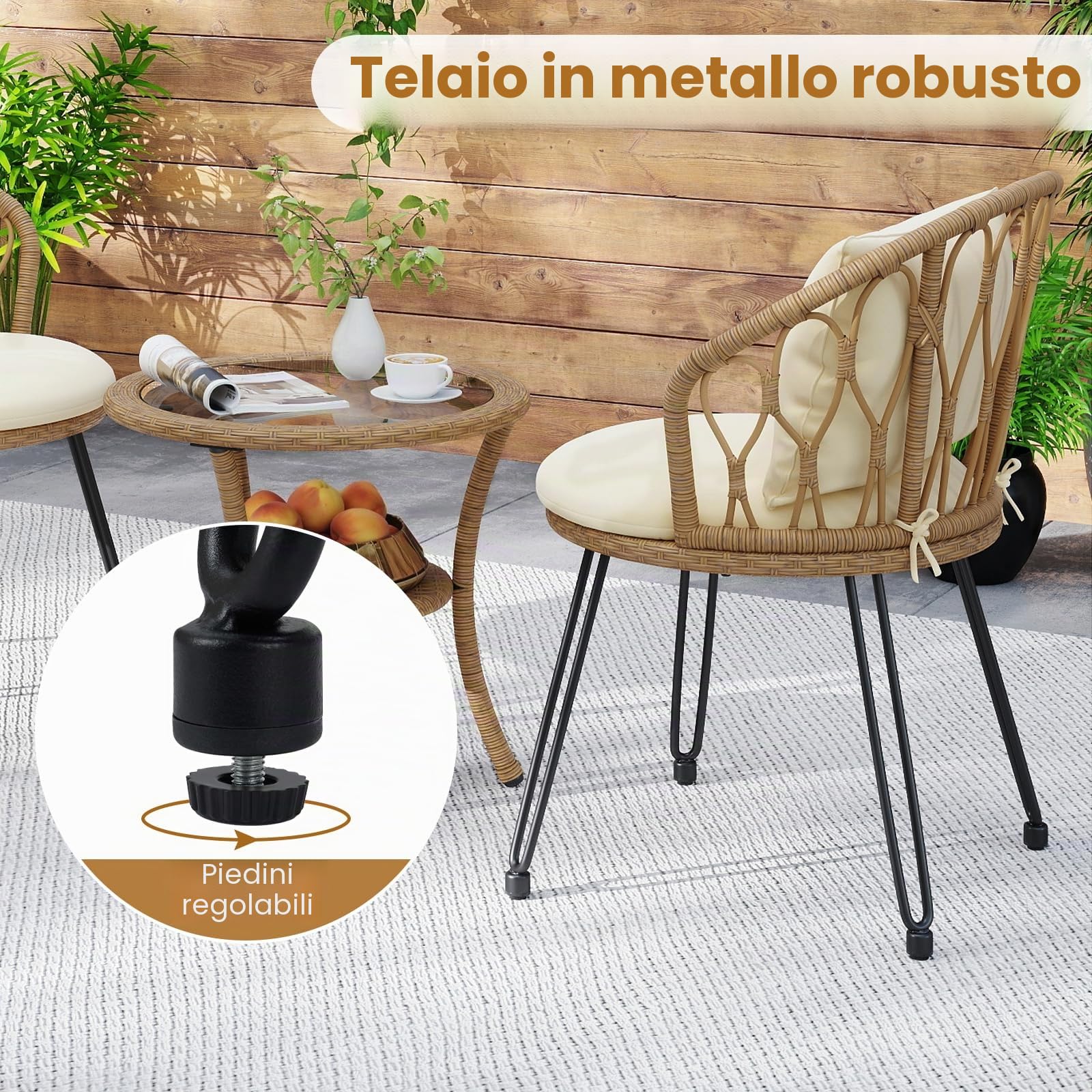 LIFEZEAL Set di 3 pezzi con tavolo in vetro temperato, cuscini per seduta e schienale, mobili da esterno per balcone, terrazza (55,5 x 57 x 81 cm)