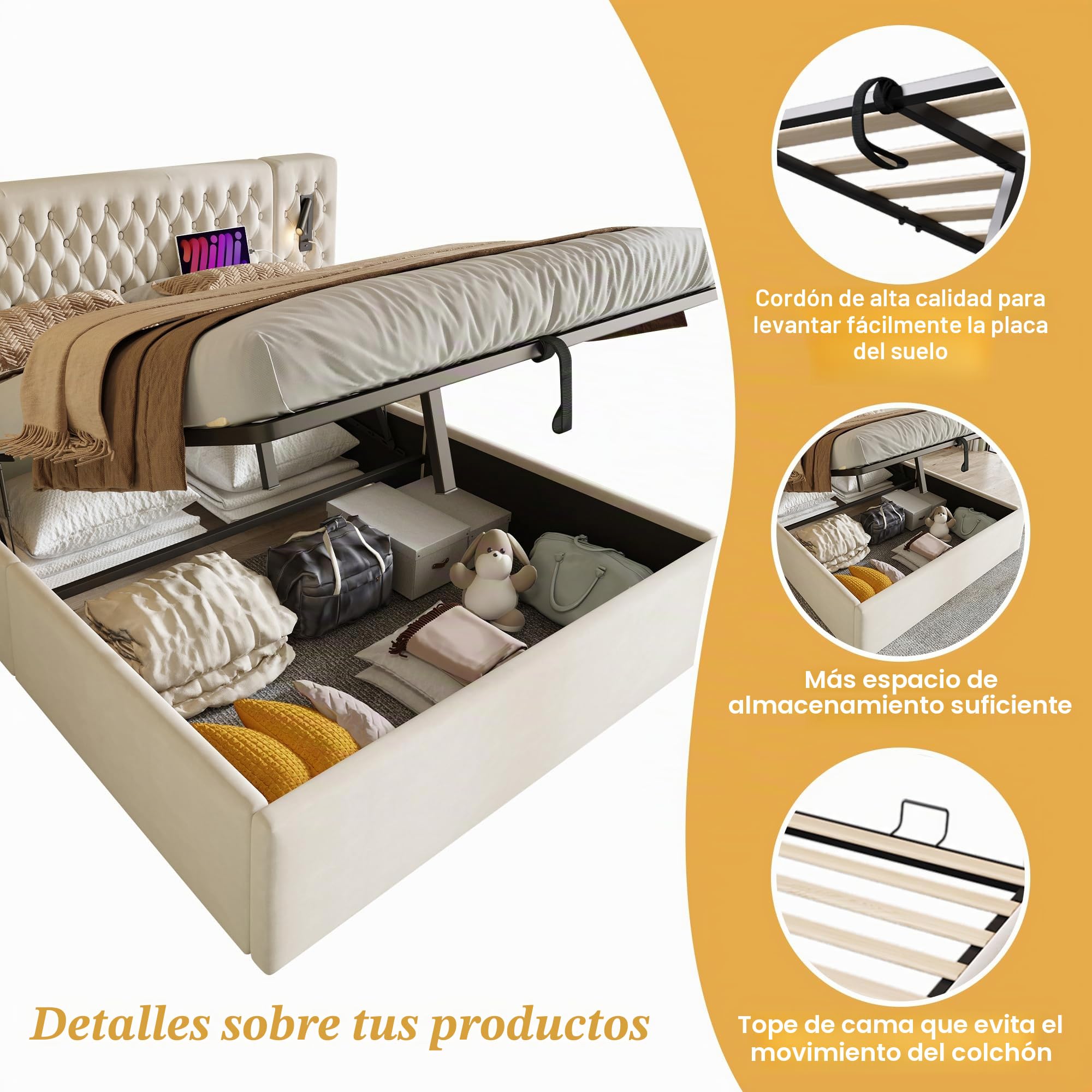 LAKFEW Cama 180x200 cm Cama Tapizada con Luz de Lectura y USB, Camas Matrimoniales con 2 Mesitas de Noche y Almacenaje Hidráulico, Cama Matrimonio, Estructura Metálica, Terciopelo, Beige, Sin Colchón