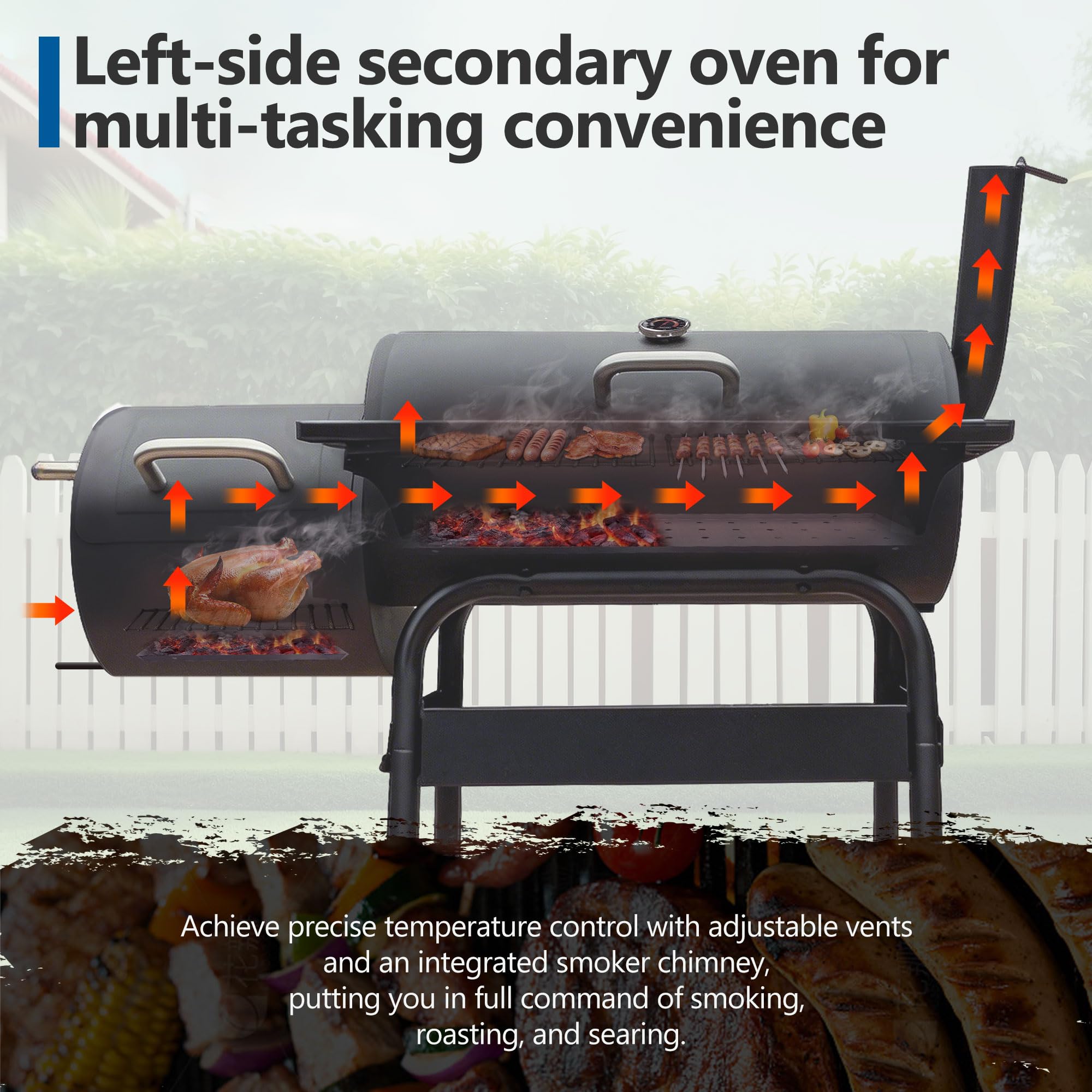 Griglia per barbecue con affumicatore offset, grande griglia a carbone per esterni, campeggio, giardino, feste