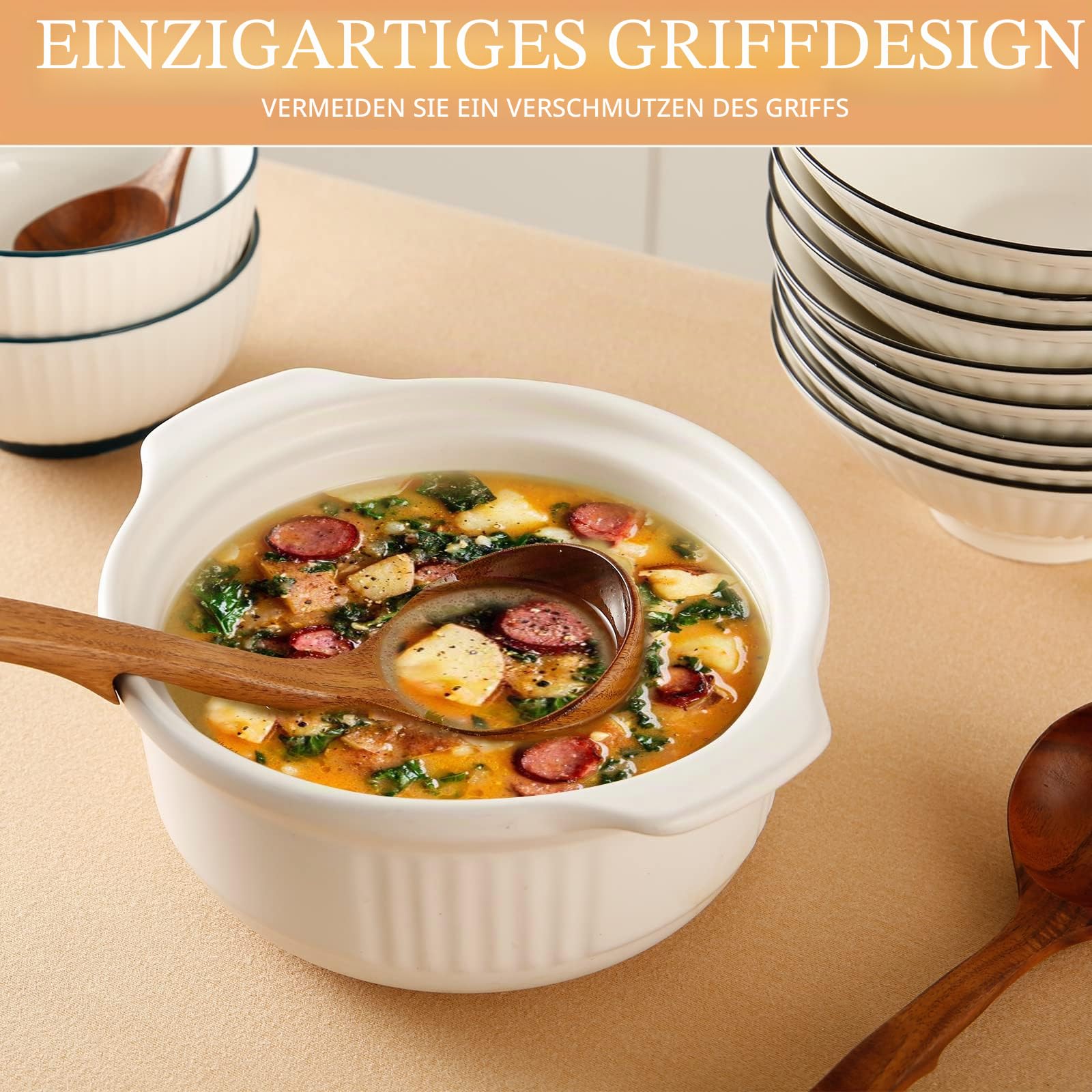 Holzkelle Suppen-Set, 3 Größen, Holzlöffel zum Kochen, antihaftbeschichtet, Kochlöffel aus natürlichem Teakholz, Küchenutensilien-Set