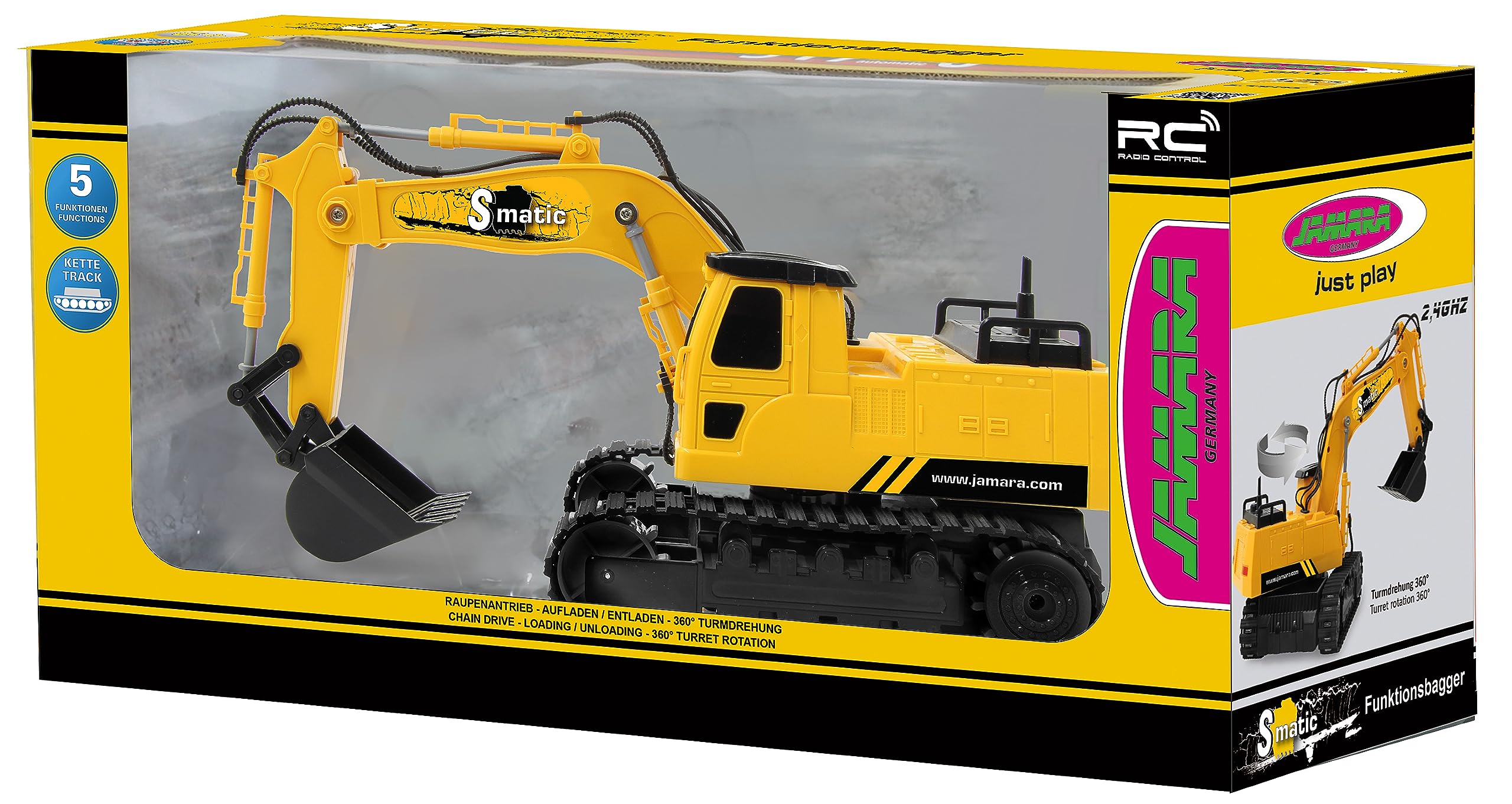 JAMARA S-Matic - Excavadora de 2,4 GHz, rotación de Torre de 360°, Carga/Descarga, Color Amarillo