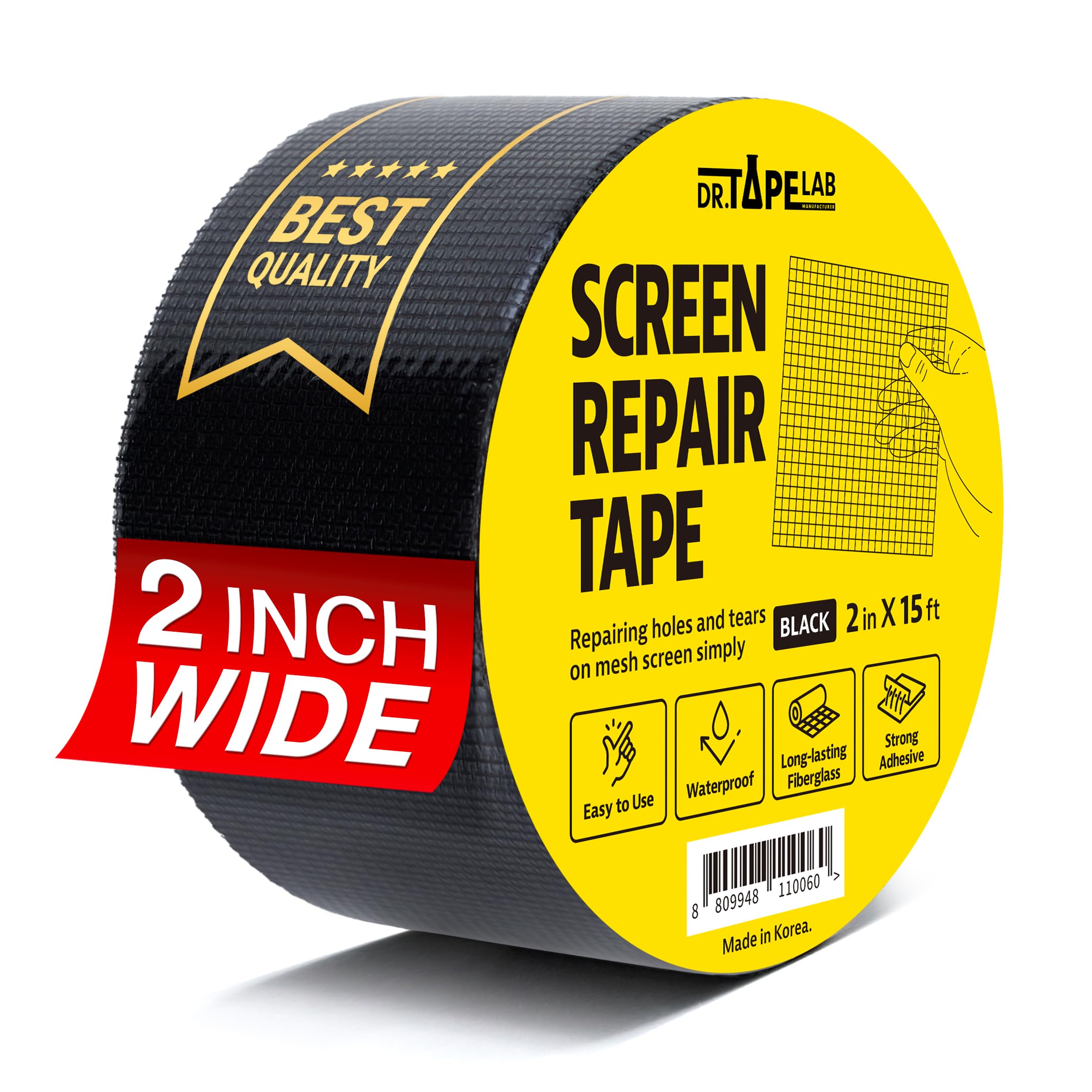 Black Window Screen Repair Tape, 2 in X 15 FT, Screen Repair Kit for Windows or Doors, Strong Adhesive Patch Kit Fiberglass Mesh Tape