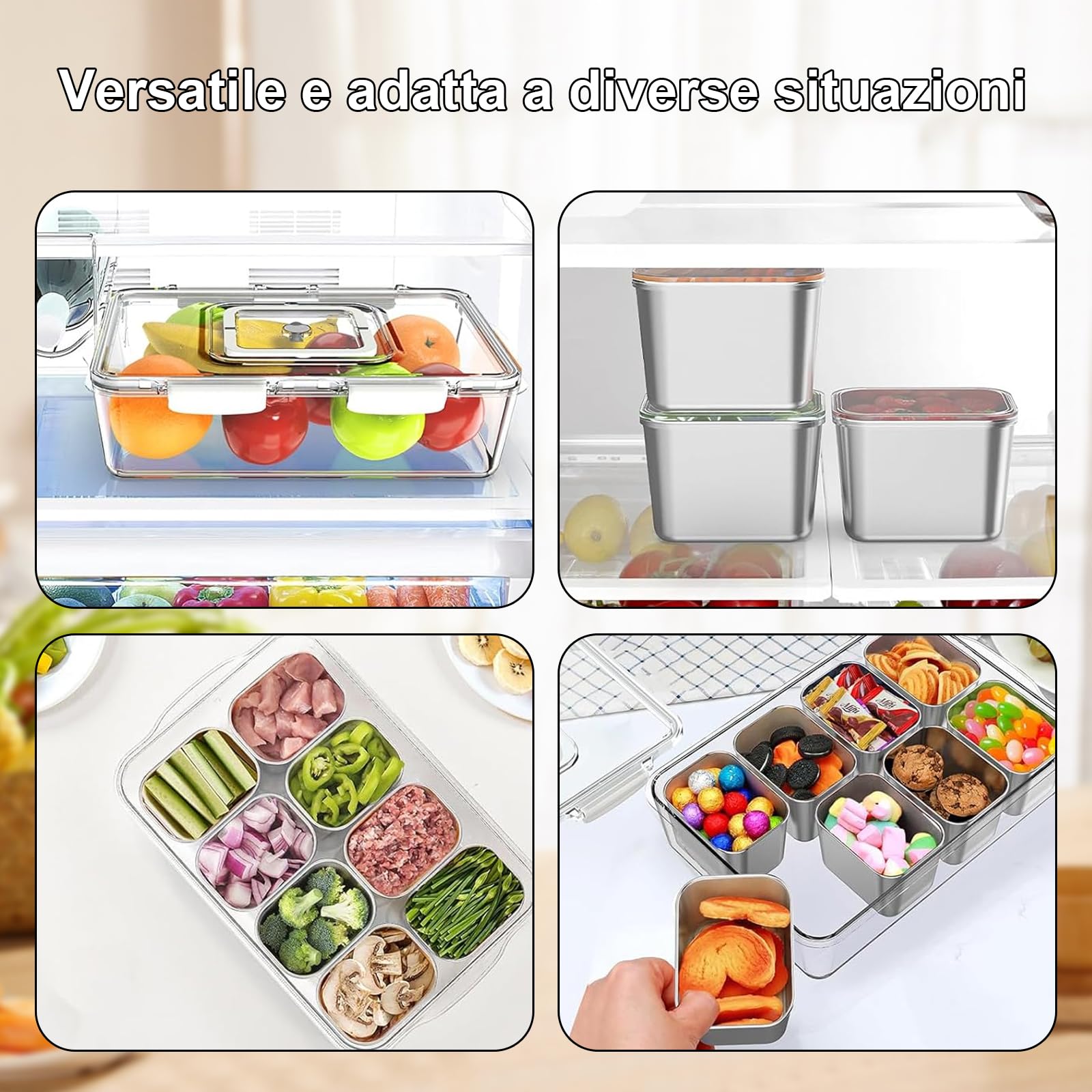Contenitore Snack 8 Scomparti Acciaio Inossidabile, Piatto Snack Manico e 8 Coperchi Singoli, Contenitore Scomparti, Per Dolciumi, Frutta Secca, Frutta, Verdura