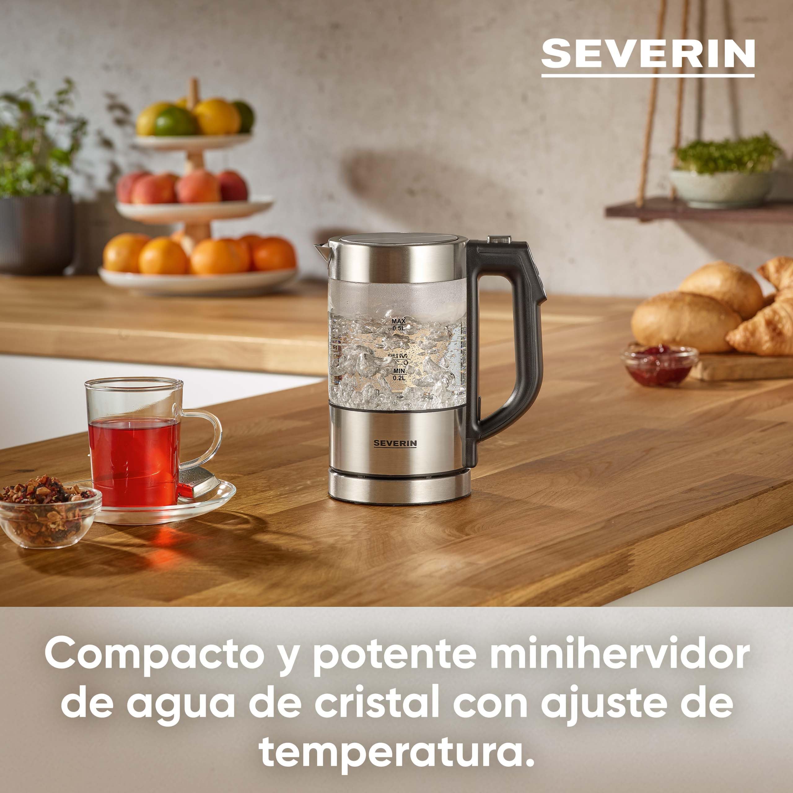 SEVERIN Mini Hervidor de cristal digital, 1100 W, 0.5 L, Acero Inoxidable/Negro WK 3458