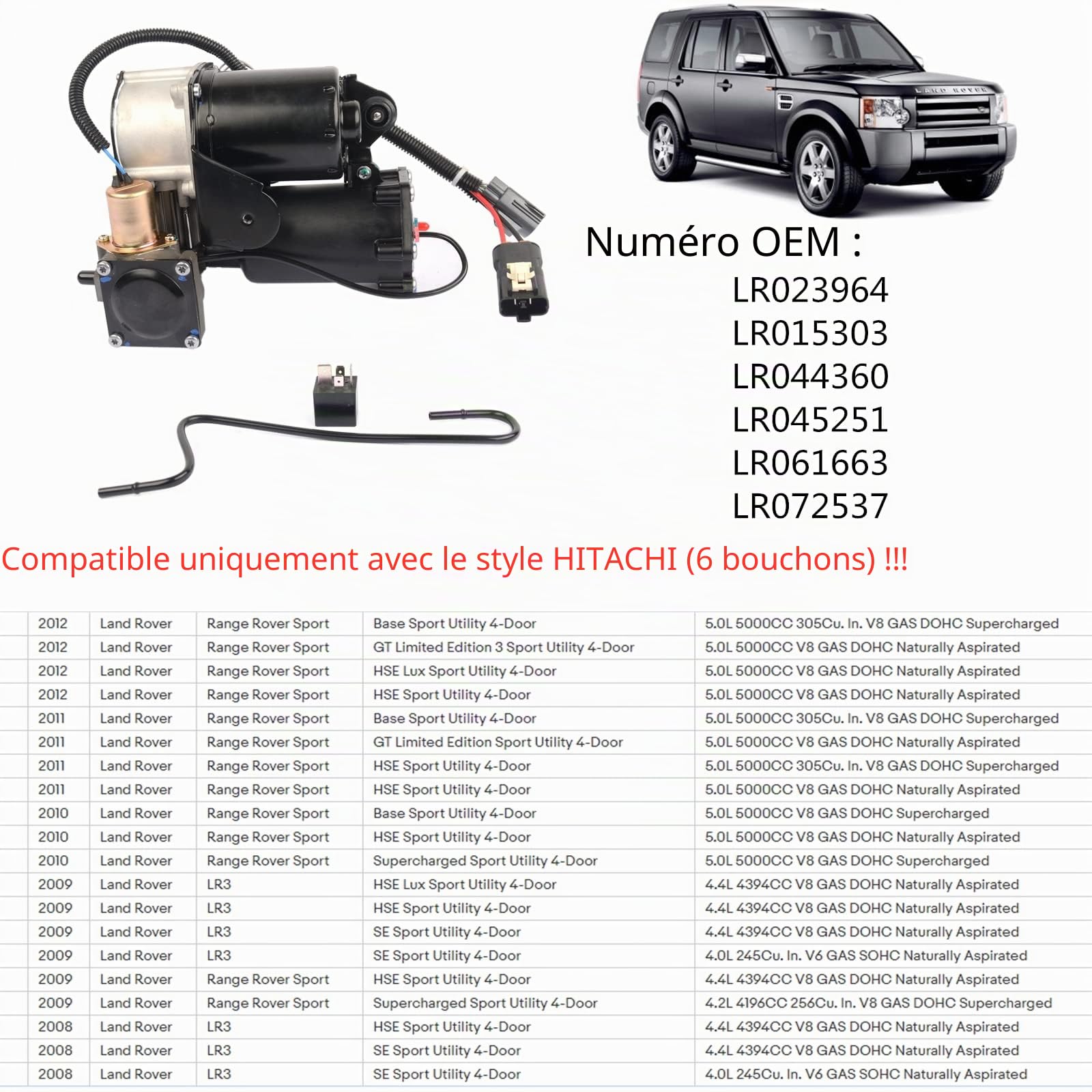 Bisenya Hitachi System Pompe de compresseur à suspension pneumatique et relais compatible avec Dis-covery 3 2004-2009 LR023964 LR015303 LR044360