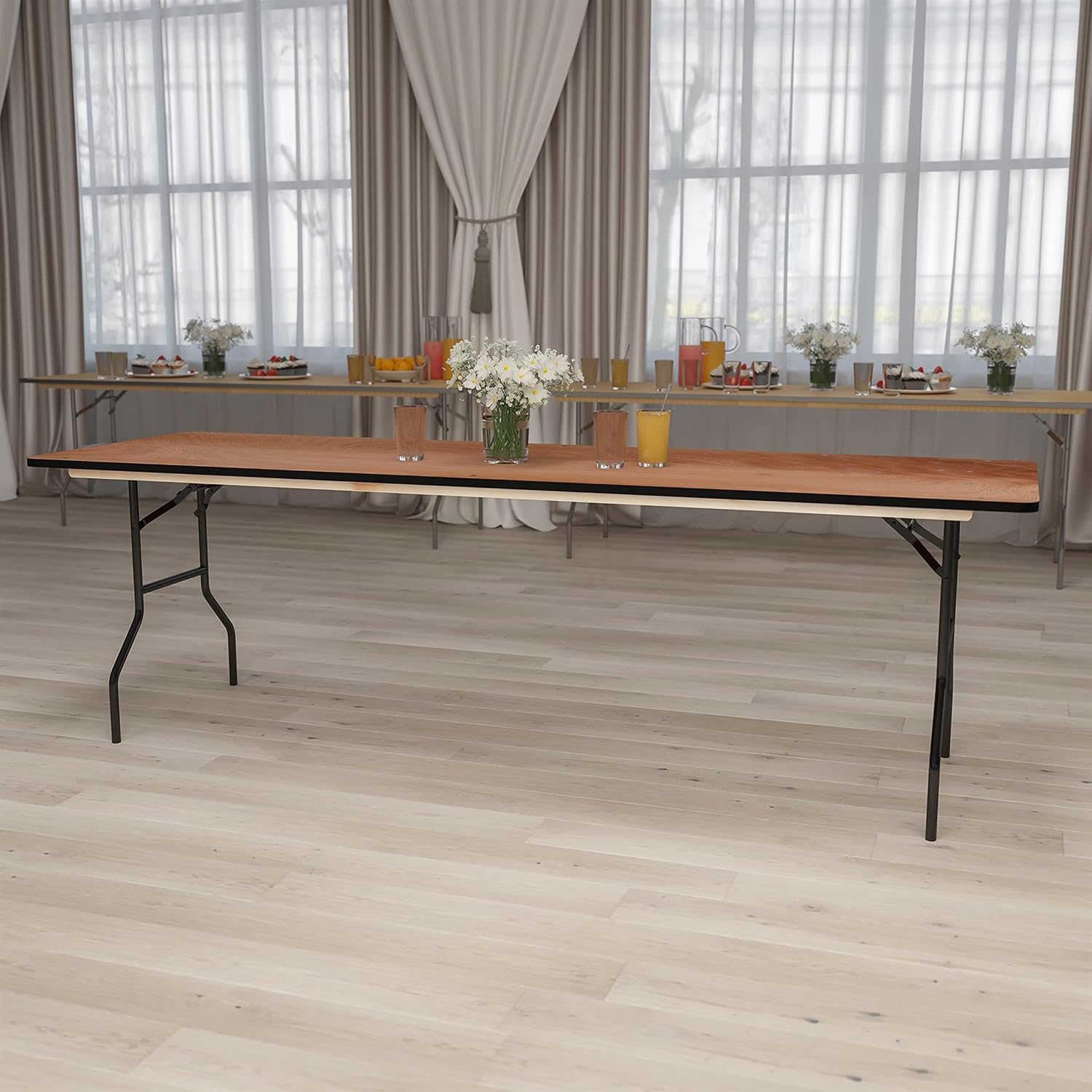 BOWERY HILL 96" Rectangular Wood Folding Banquet Table, Steel Legs, Plywood Top, Black T-Mold Edge, Durable Commercial Use, Home Party Setup, Hotels, Training Rooms, Seminar Settings