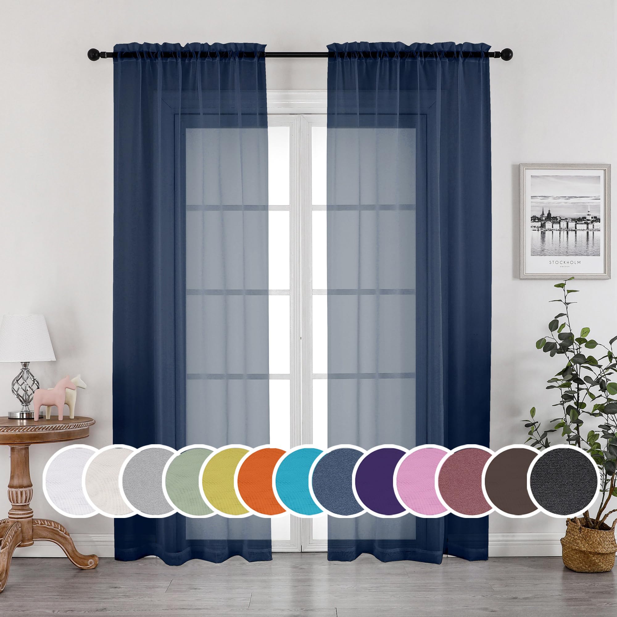 OWENIE Navy Blue Sheer Curtains 90 Inches Long, Solid Light Filtering Sheer Curtains for Bedroom, Window Voile Sheer Curtain Panels/Drapes/Treatment for Living Room, 2Pcs, Each 42" W x 90" L Inch