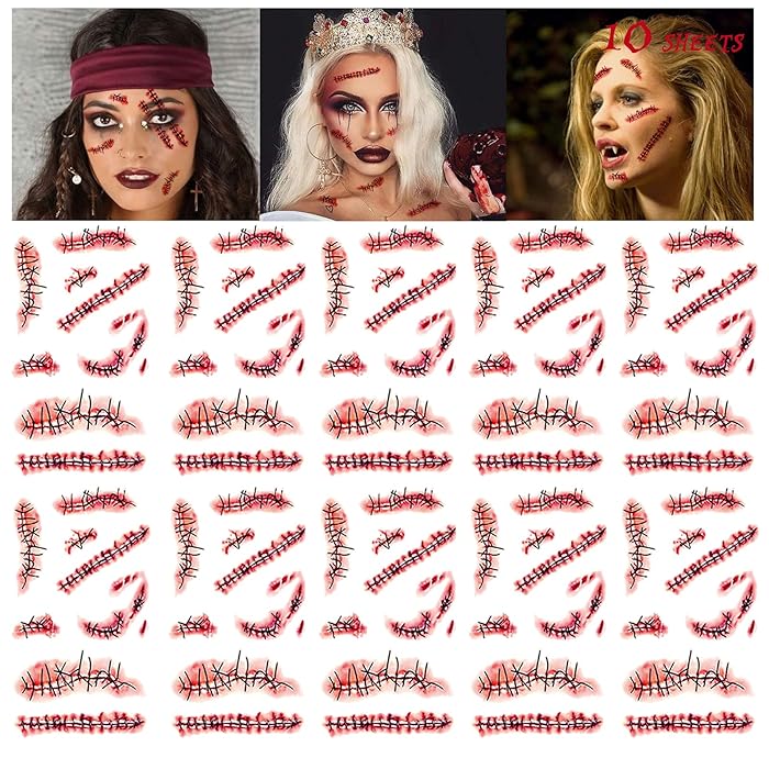 Buy Halloween Scar Temporary Tattoo, Zombie Makeup Tattoos, 10 Sheets