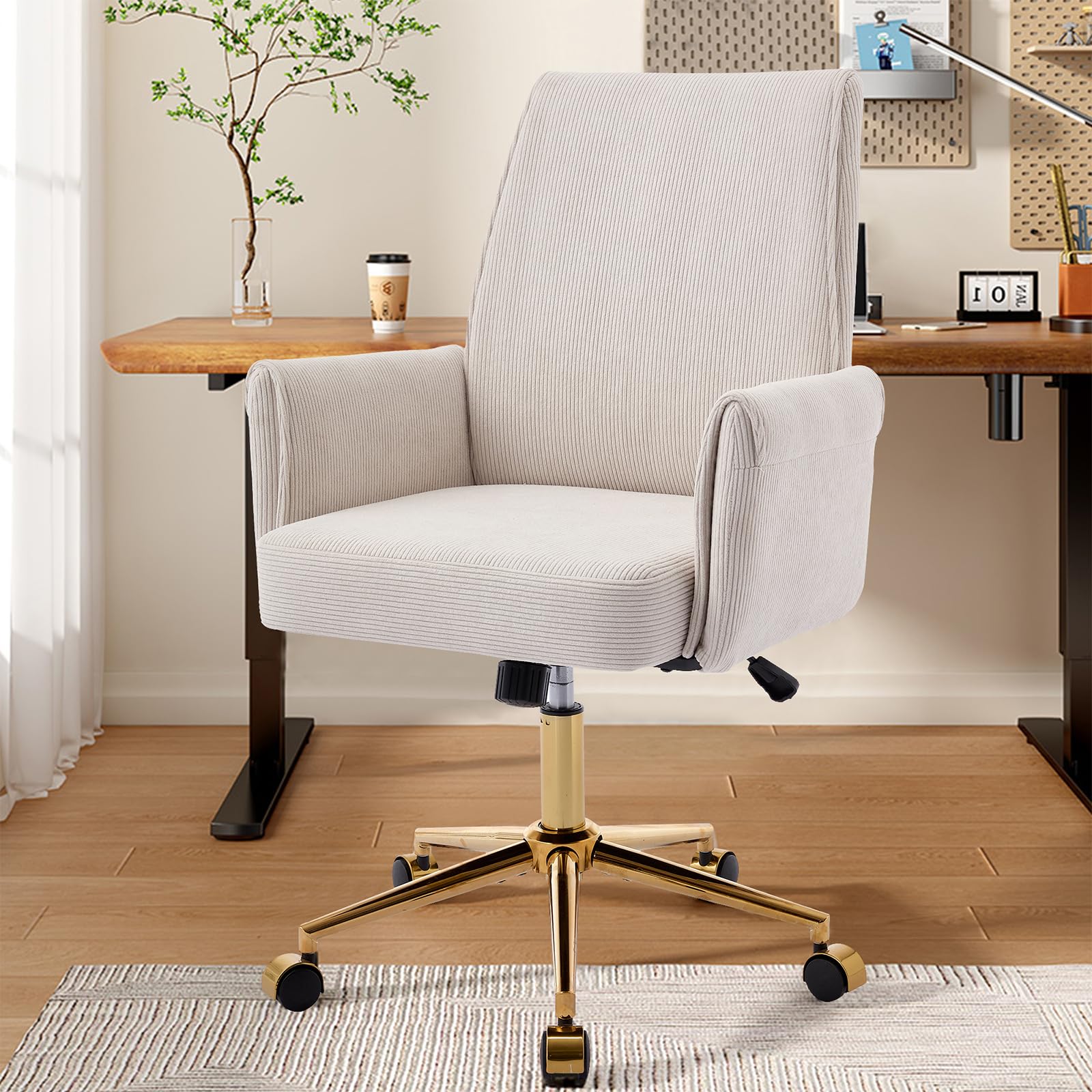 Ergonomic Corduroy Office Chair with Mid-Back Support, Swivel Desk Chair with Gold Base, Height Adjustable & Wheels for Home Office, Study, or Living