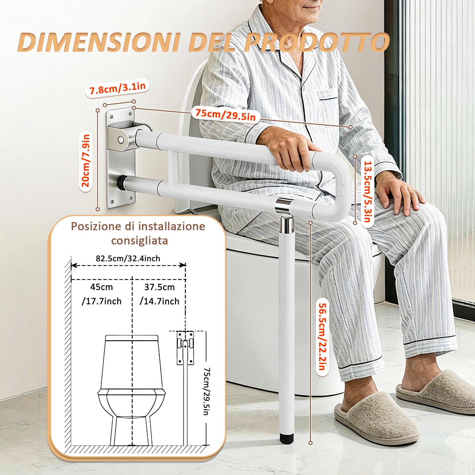 YUCHENGTECH Maniglione Bagno Disabili Ribaltabile 75cm Maniglia Doccia Anziani Acciaio Inox Maniglione per WC per Anziani Disabili Incinta,Supporta 150KG,Bianco