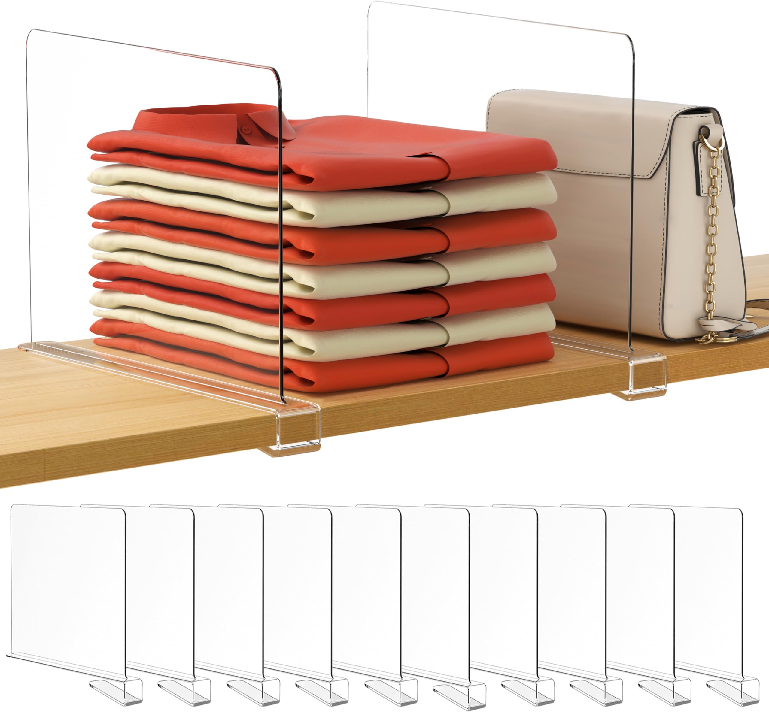 HBlife 12 Inches Tall [Extra Tall Version] Clear Shelf Dividers, 10 Pack Purse Organizer for Closet Perfect for Sweater, Shirts, Handbags, Acrylic Adjustable Bookshelf for Organization