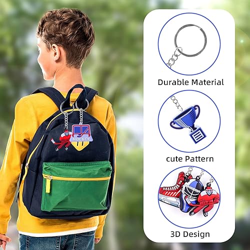 Miniatura 3 de Zxvskr Recuerdos de fiesta de hockey, incluye 27 llaveros de hockey, 100 calcomanías de hockey para niños, decoración de fiesta temática deportiva