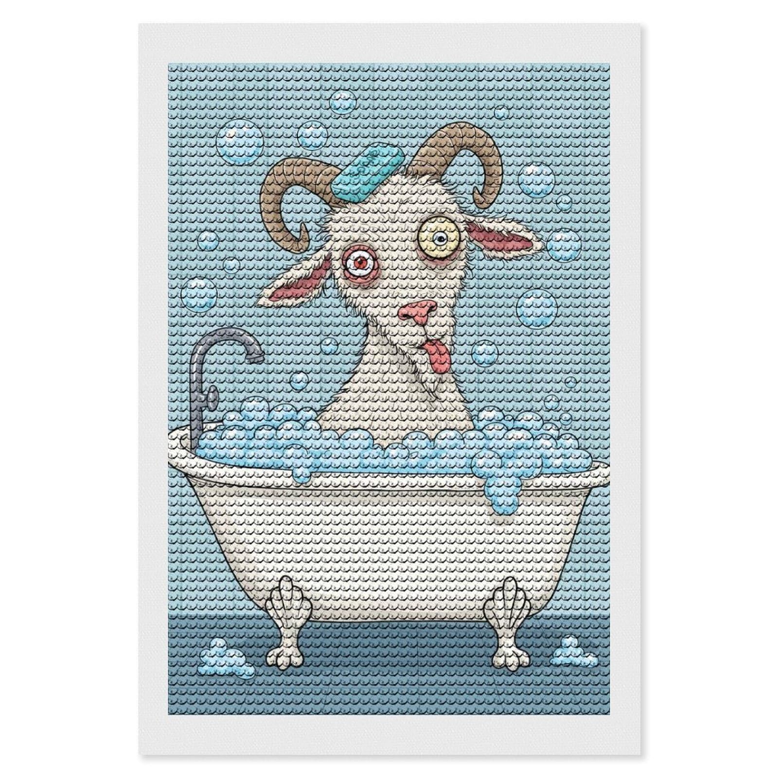 Junmoney Goat in Bathtub with Soap(2) Diamond Painting Canvas Set 8"x12", Boho Decor, for Craft Lovers, Easy Handmade Project, Holiday Gift Idea