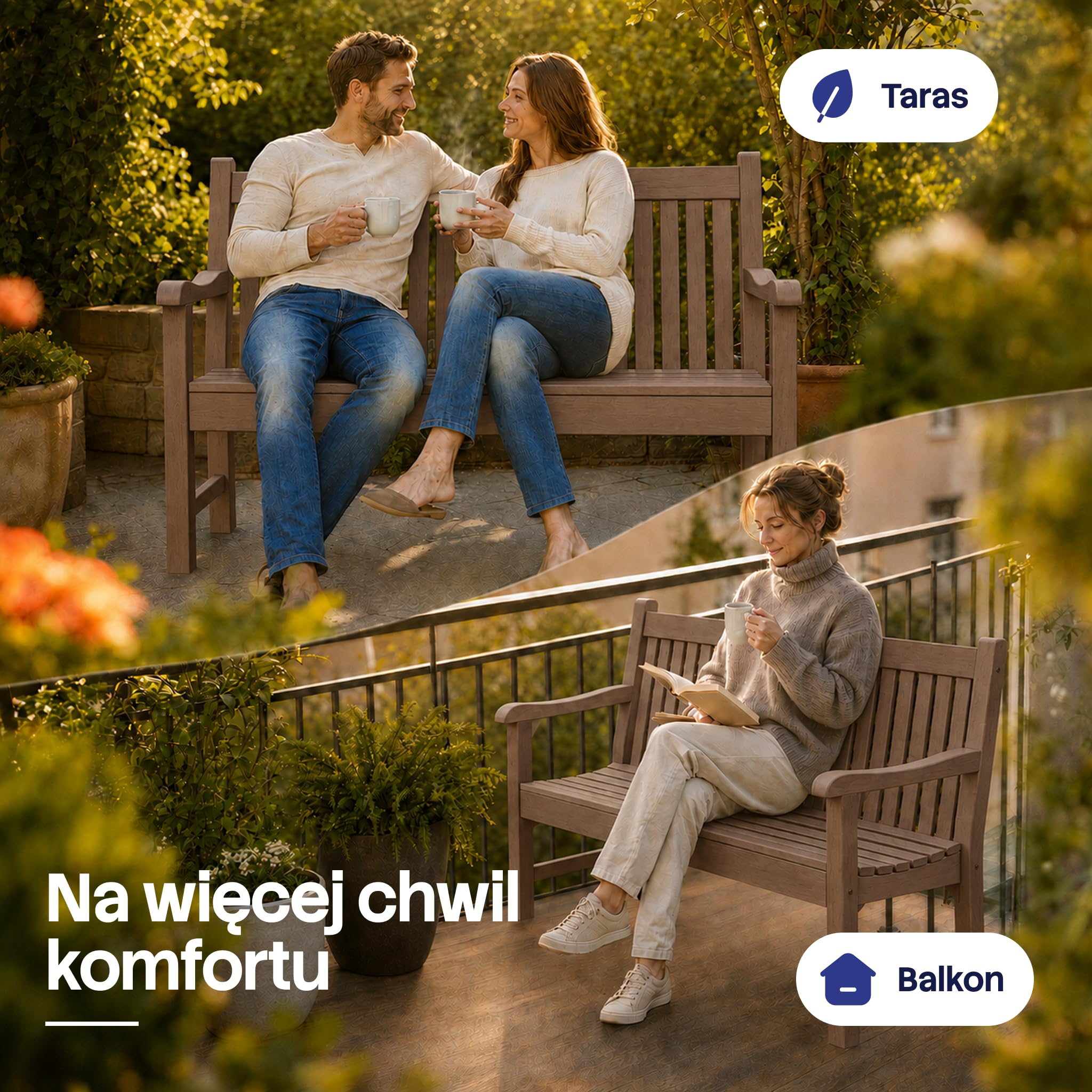 Ławka Ogrodowa 2-Osobowa z Oparciem - Odporna na Warunki - Imitacja Drewna