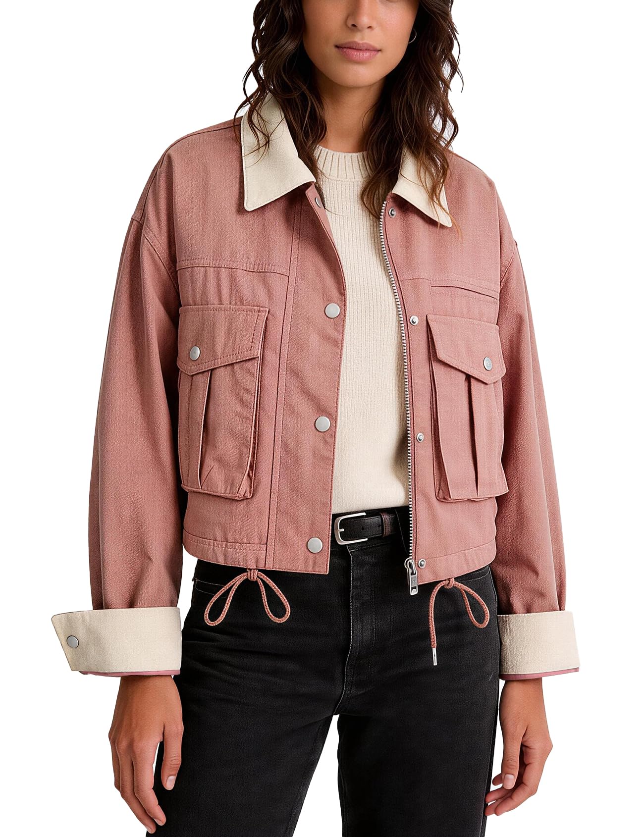 Flygo Womens Cropped Jacket 2026 Trendy Contrast Collar Barn Jacket Zip Up Oversized Utility Coat with Pockets