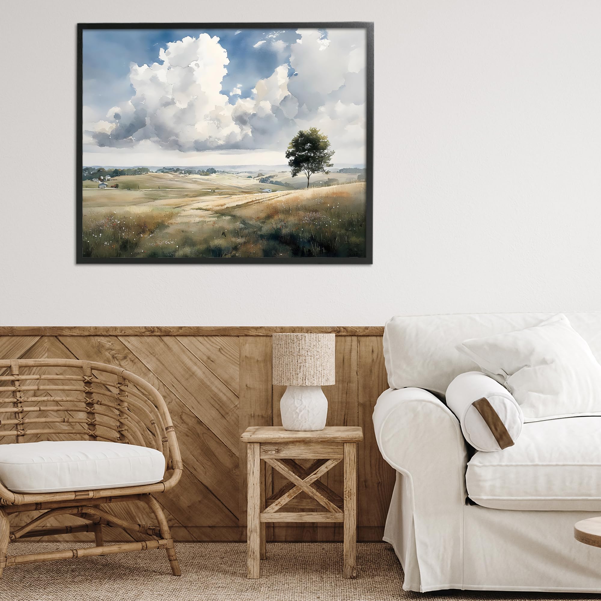 Serene Countryside Hills with Tree, impresión en giclée enmarcada de 24 x