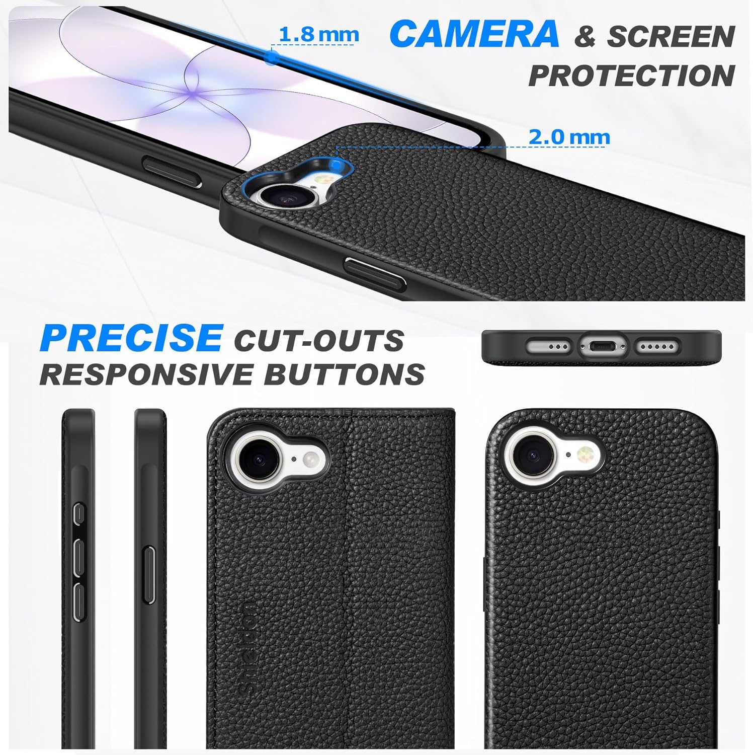 SHIELDON Wallet Case for iPhone 17e, for iPhone 16e, Genuine Leather 2 in 1 Magnetic RFID Blocking Card Slot Kickstand Shockproof Wireless Charging Cover Compatible with iPhone 16e - Pebbled Black
