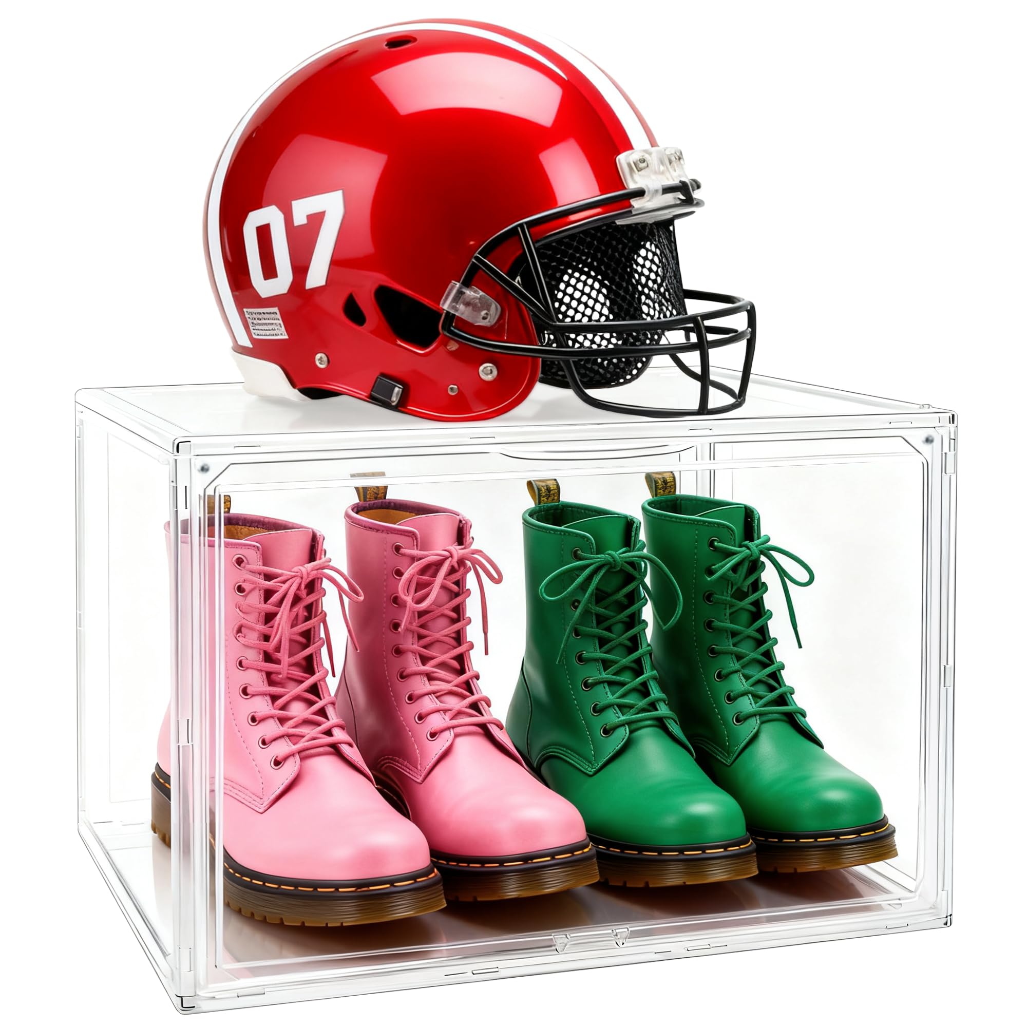 Extra XXX-Large Acrylic Display Case 17.3''x13''x13'' Super Large Figures Collectibles Helmet Showcase Tall Boot Shoe Boxes Clear Stackable Huge Storage Box with Magnetic Lid, 1 Pack with 2 Shoe Bags